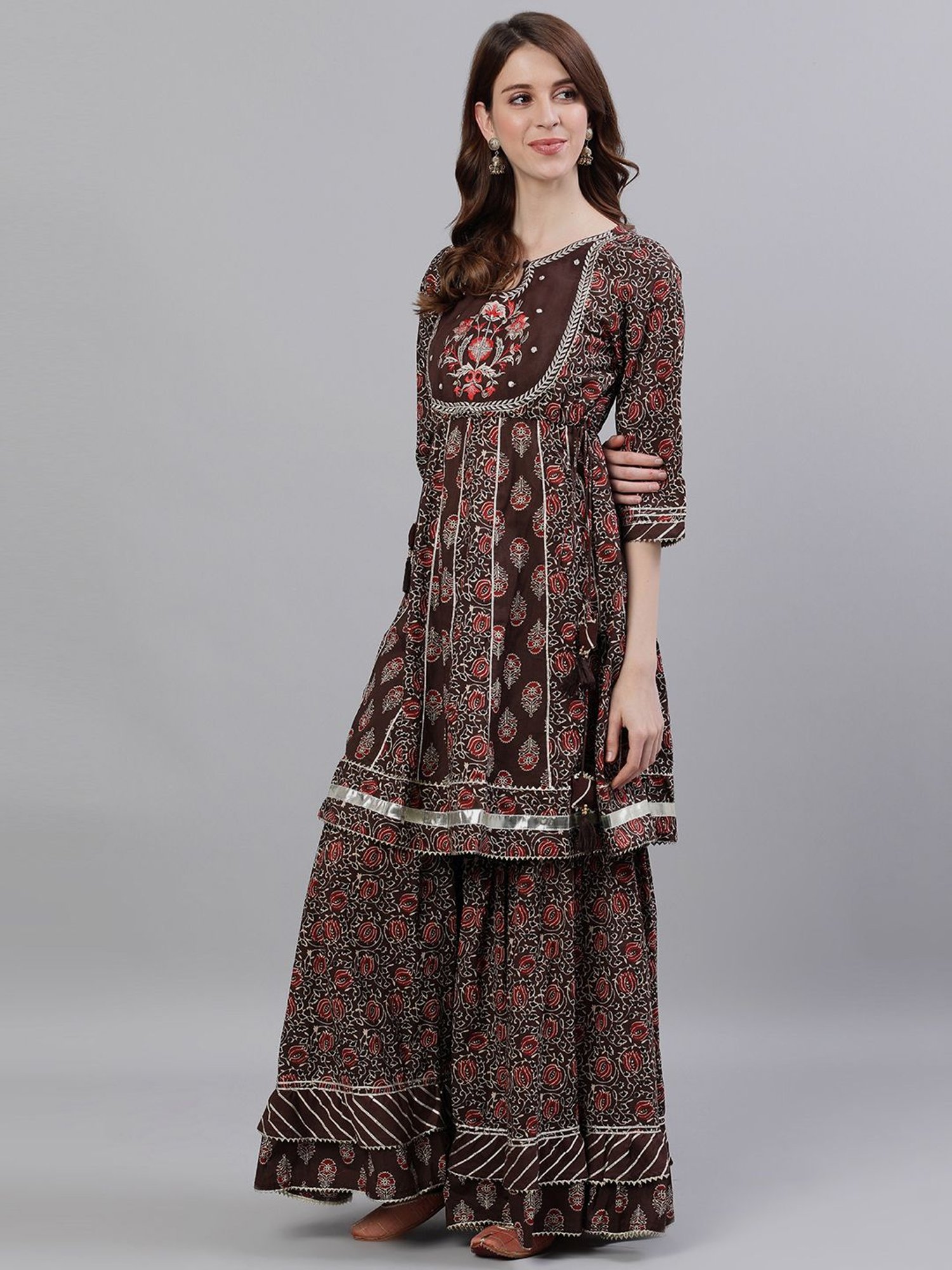 Ishin Brown Cotton Embroidered Kurta Sharara Set With Dupatta