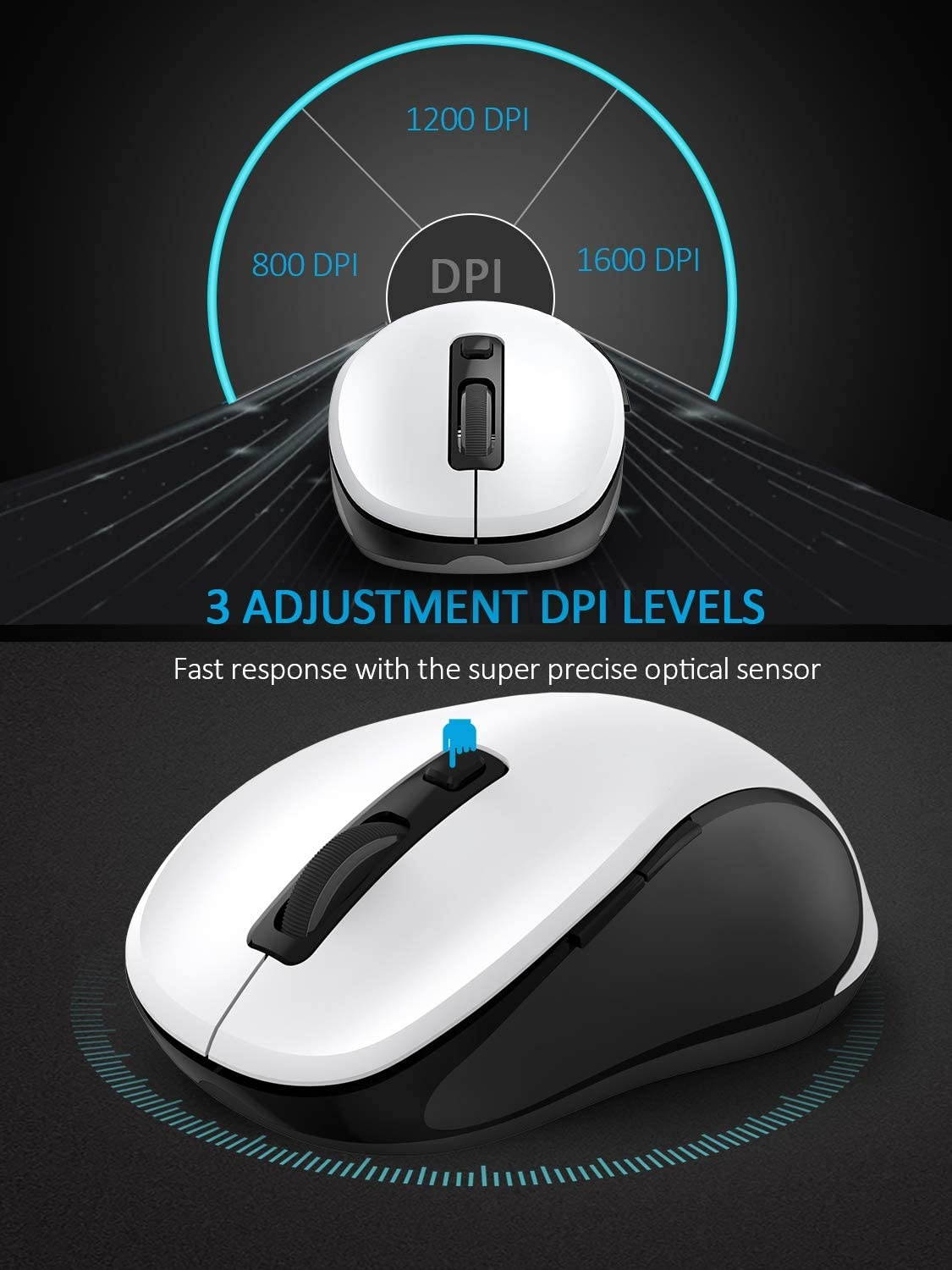 Wireless Mouse RATEL 2.4G Wireless Ergonomic Mouse Computer Mouse Laptop Mouse USB Mouse 6 Buttons with Nano Receiver 3 Adjustable DPI Levels Cordless Wireless Mice for Windows Mac (Black & White)