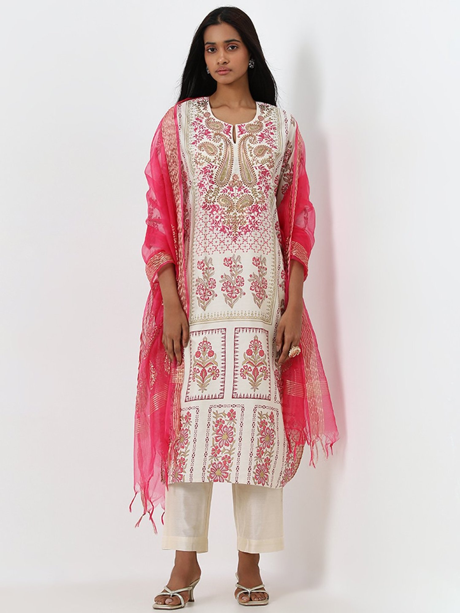 Vark by Westside Pink Embroidered Straight Kurta, Pants and Dupatta Set