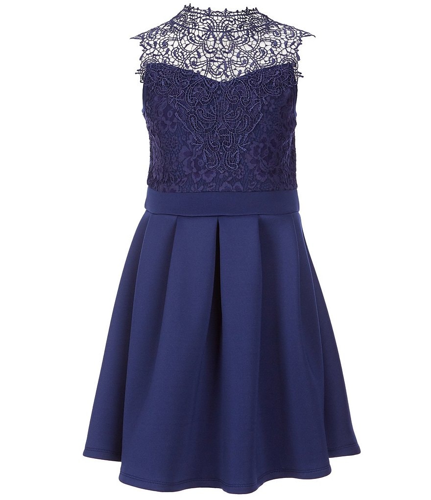 Rare Editions Big Girls 7-16 Illusion-Lace/Scuba Crepe Fit-And-Flare Dress