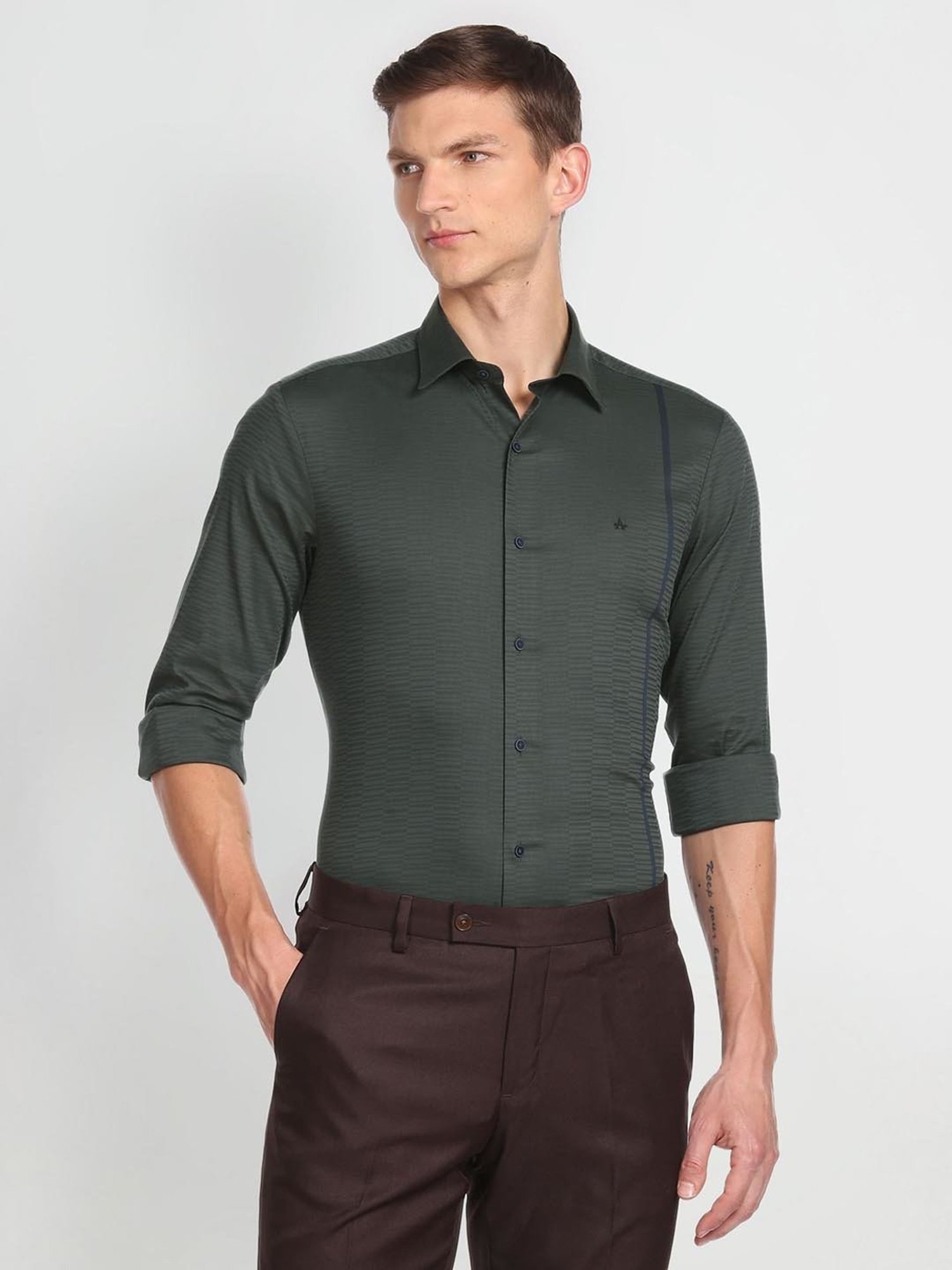 Arrow New York Green Cotton Slim Fit Self Pattern Shirt