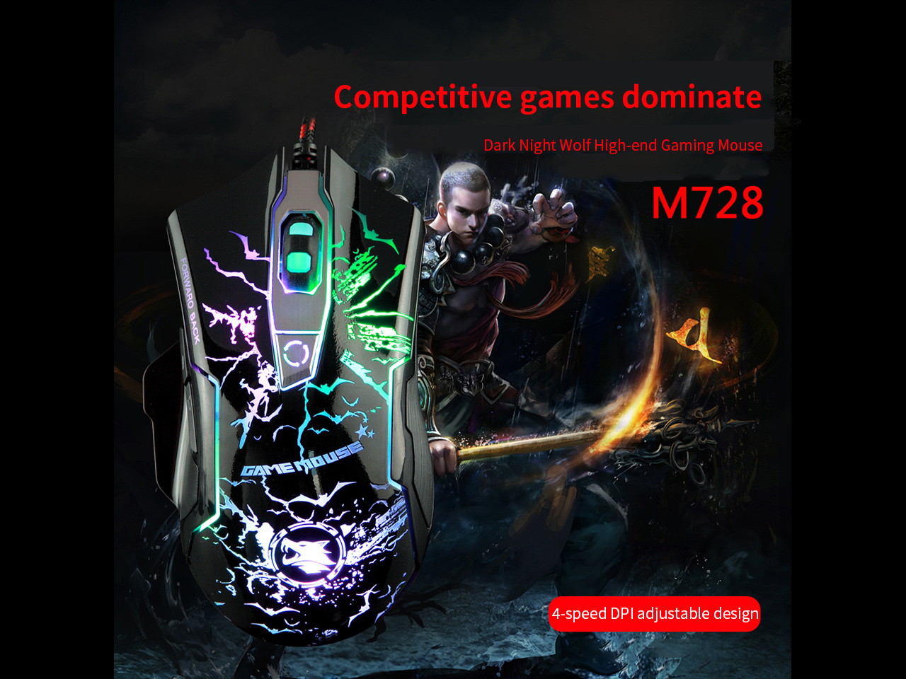 M728 Gaming Mouse Wired, USB Optical Computer Mice with LED Backlit, 4 Adjustable DPI Up to 3200, Ergonomic Gamer Laptop PC Mouse for Windows 7/8/10/XP Black