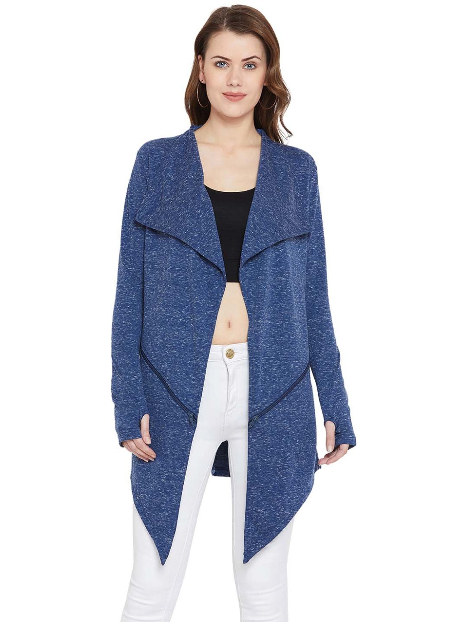 Hypernation Pigeon Blue Cotton Self Pattern Shrug