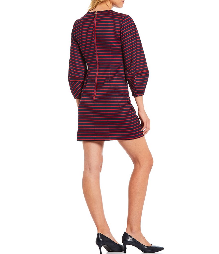 LDT Faith Scuba Lantern 3/4 Sleeve Striped Shift Round Neck 3/4 Sleeve Dress