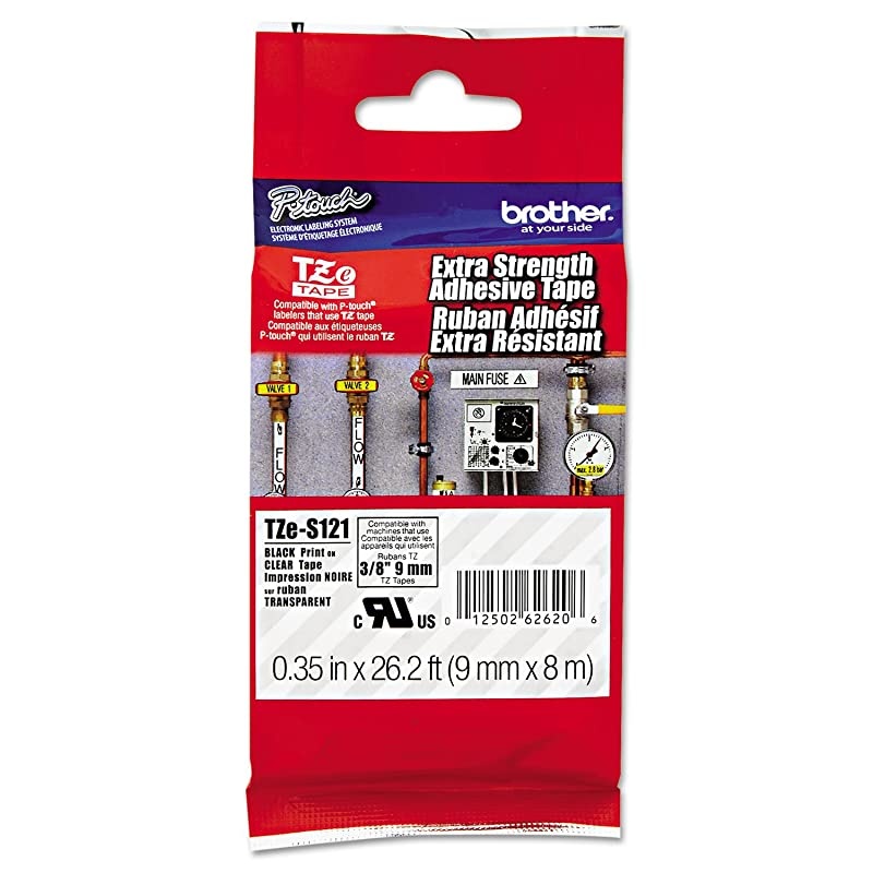 TZES121 TZe ExtraStrength Adhesive Laminated Labeling Tape 38Inch w Black on Clear