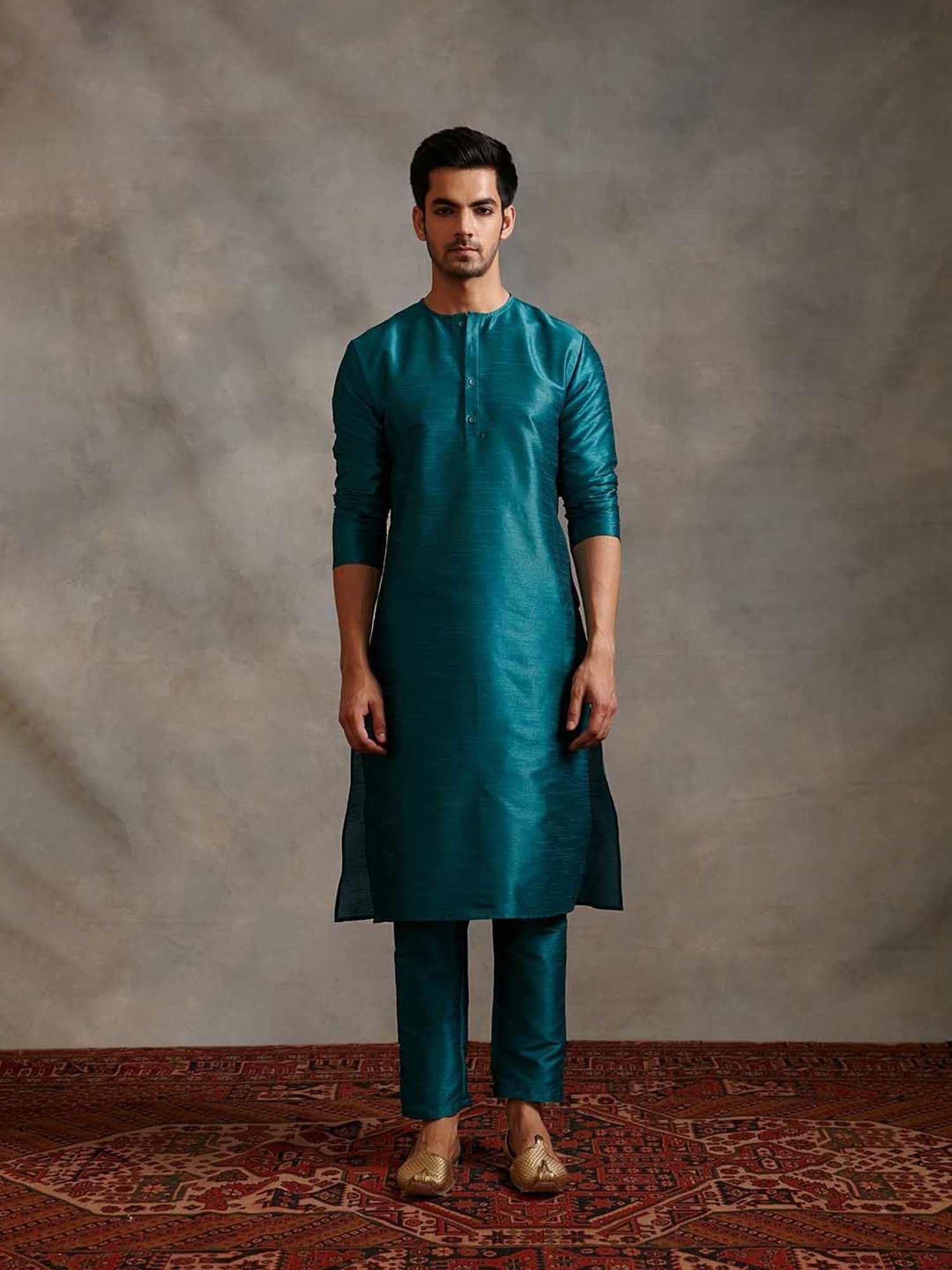 Abhishti Teal Regular Fit Banarasi Kurta & Straight Pants