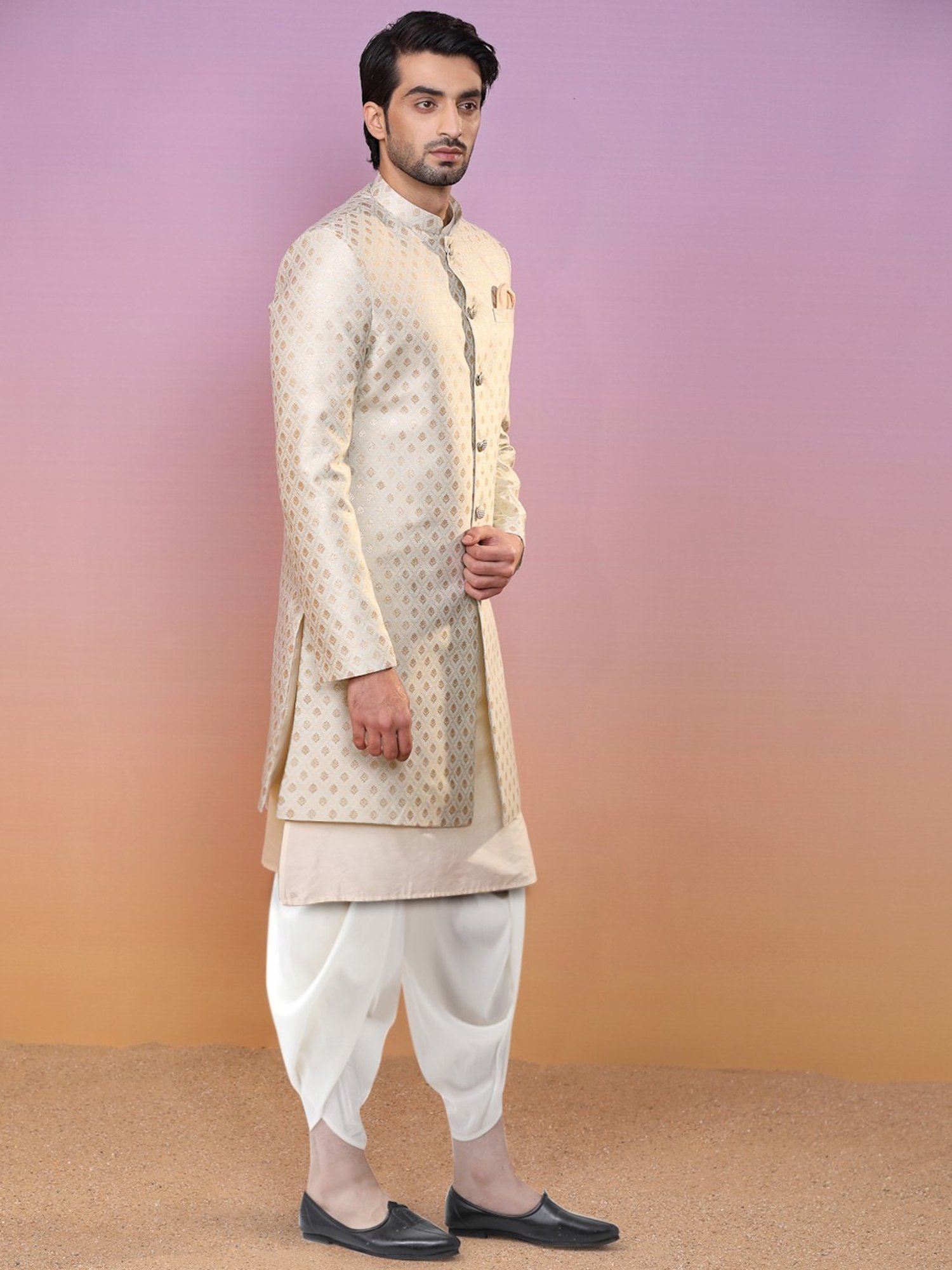 Kisah Beige & White Regular Fit Jacquard Sherwani Set