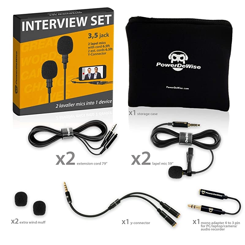 Grade 2 Lavalier Lapel Microphones Set for Dual Interview - Dual Lavalier Microphone - 2 Lavalier Microphone Set - Perfect as Blogging Vlogging Interview Microphone for iPhone 6, 7, 8, X