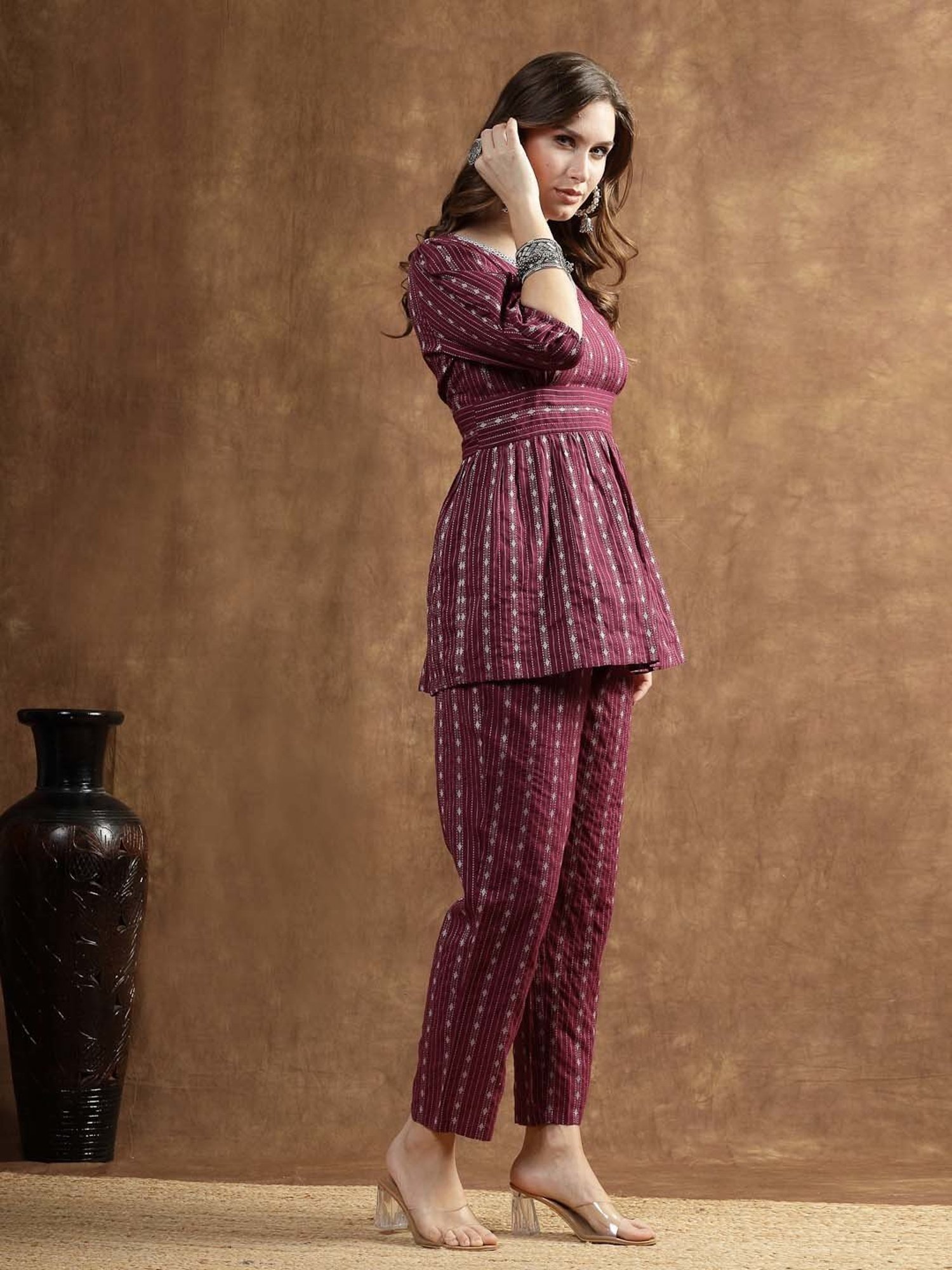 Stylum Purple Cotton Embroidered Kurti Pant Set