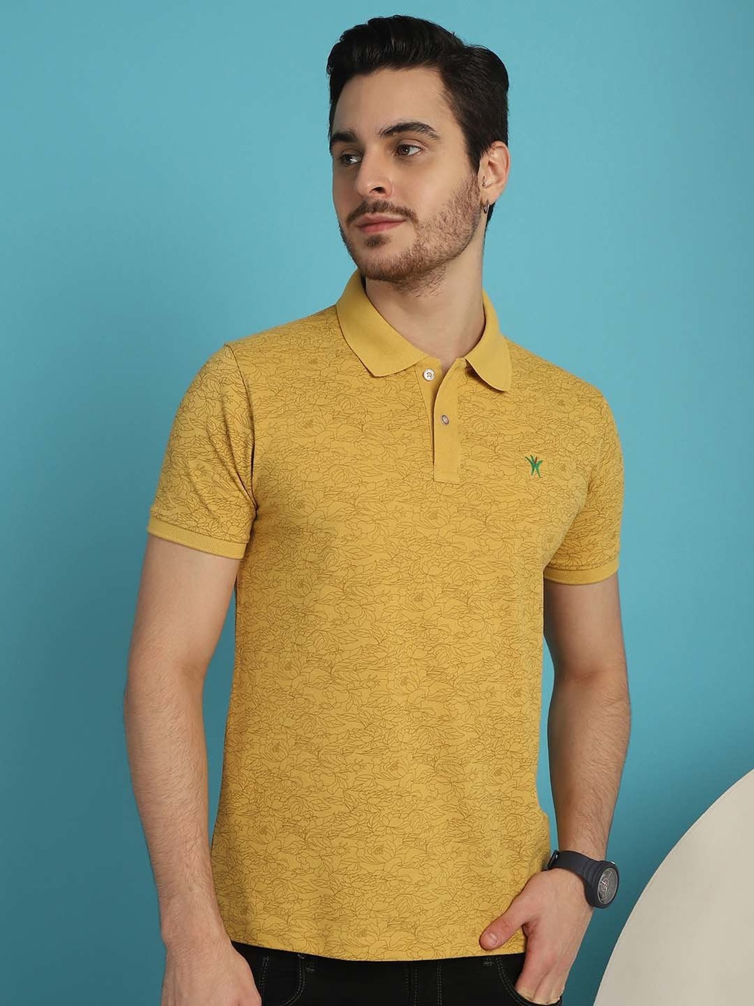 Venitian- Forbidden Clothing Yellow Slim Fit Printed Polo T-Shirt