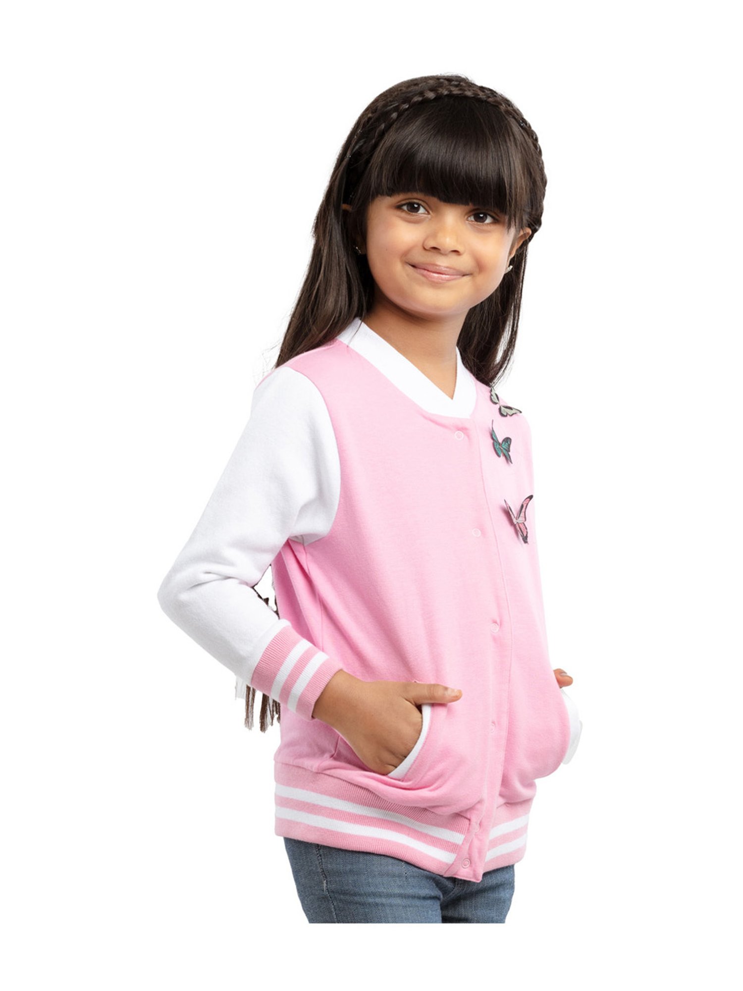 Under Fourteen Only Kids Pink & White Applique Full Sleeves Sweatshirt