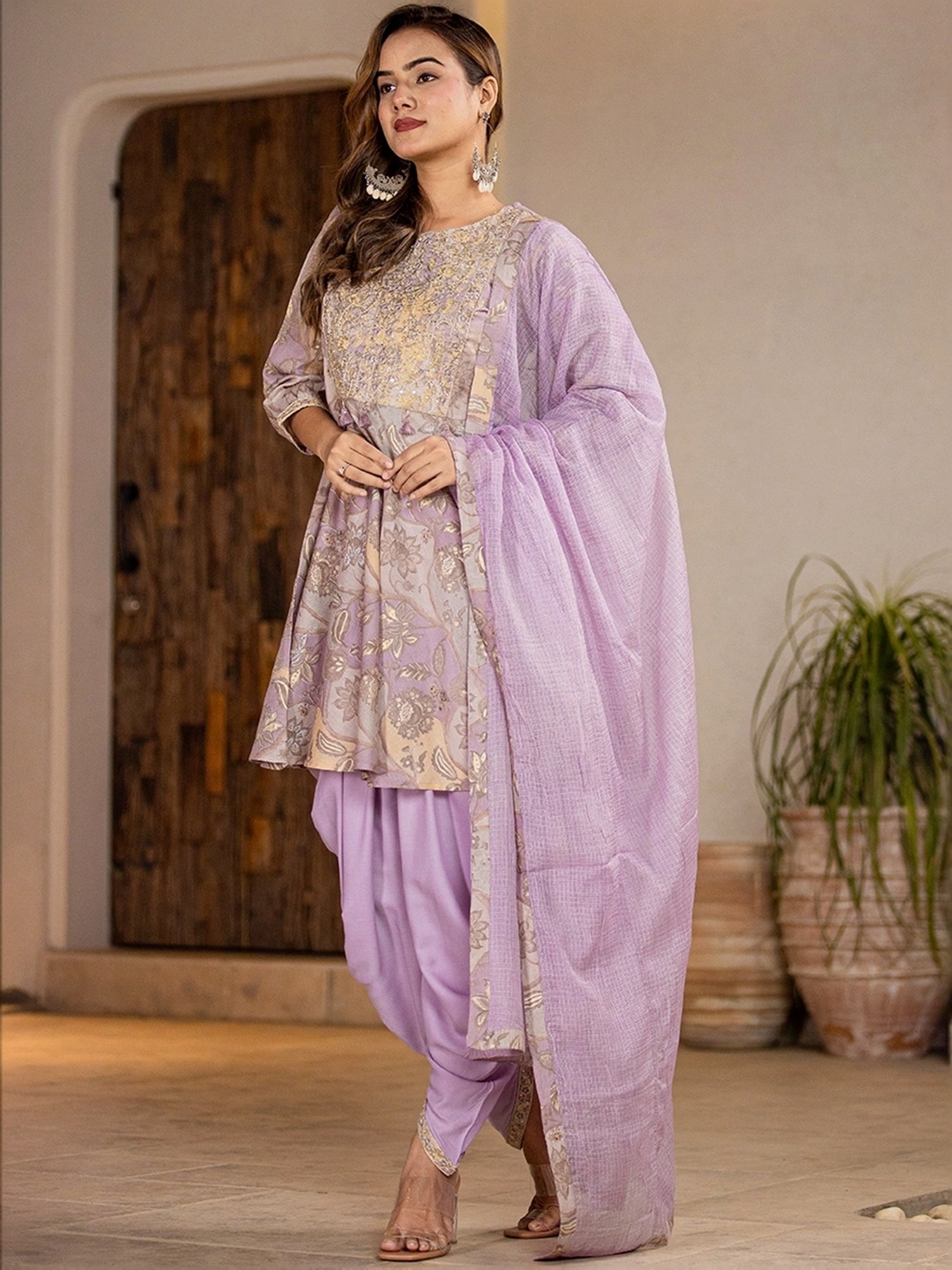 Yufta Purple Cotton Printed Kurti Dhoti Pant Set With Dupatta