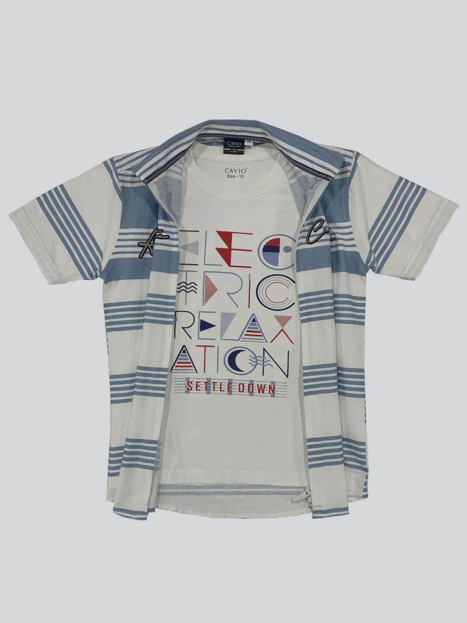 Cavio Kids Blue & White Cotton Striped Shirt Set