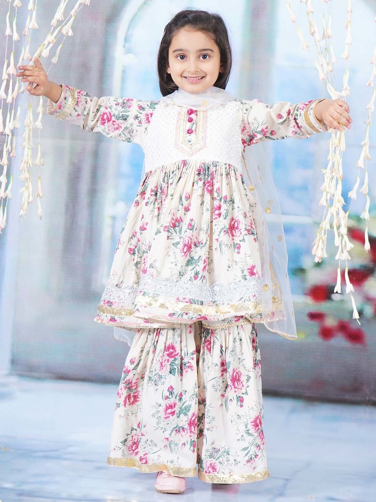 Little Bansi Cream & Pink Cotton Floral Print Kurta Set