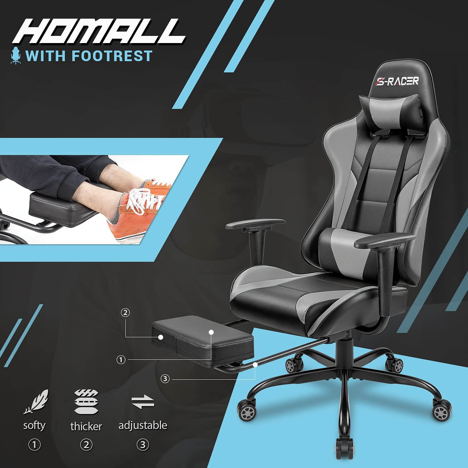 Homall Gaming Chair Computer Office Chair Ergonomic Desk Chair with Footrest Racing Executive Swivel Chair Adjustable Rolling Task Chair (Green)