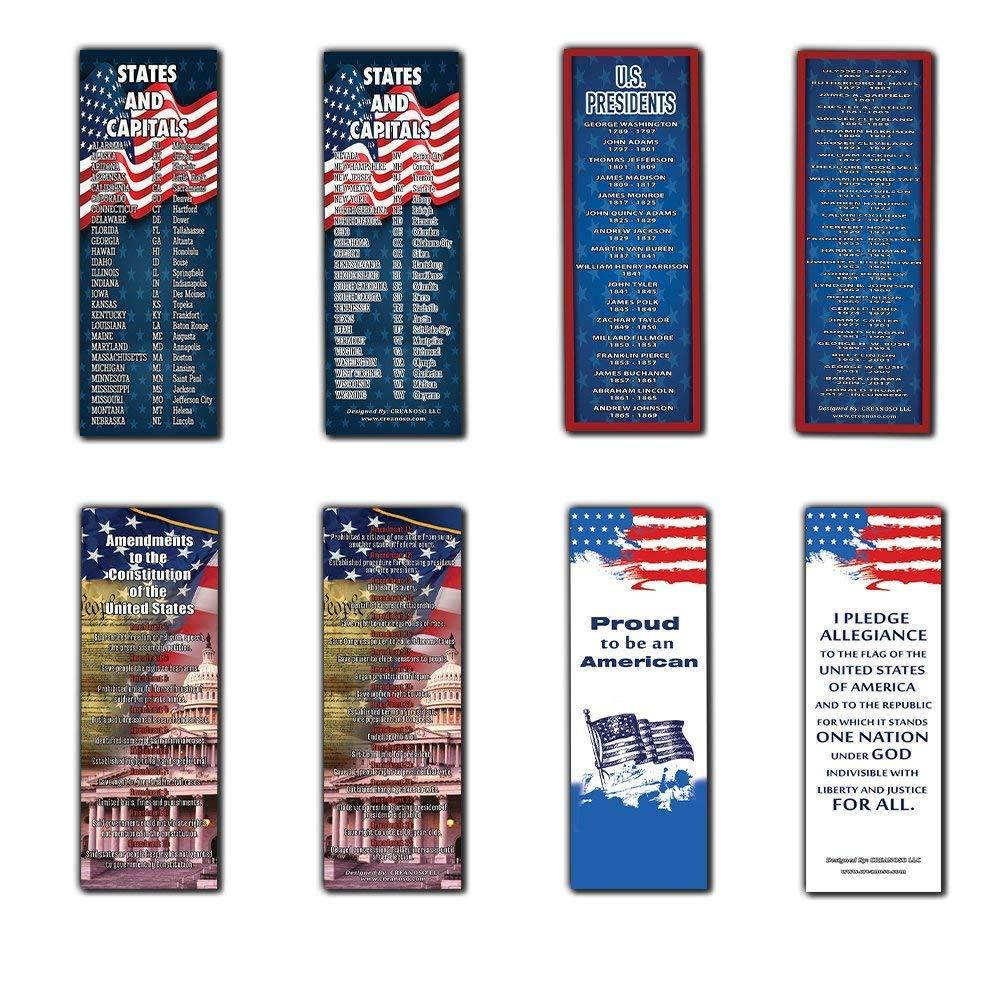 Patriotic Bookmarks Note Cards (60-Pack) - States and Capitals - US Presidents Updated - Proud to be an American - Pledge of Allegiance - Constitution Amendments - Page Markers 4th of July Gifts