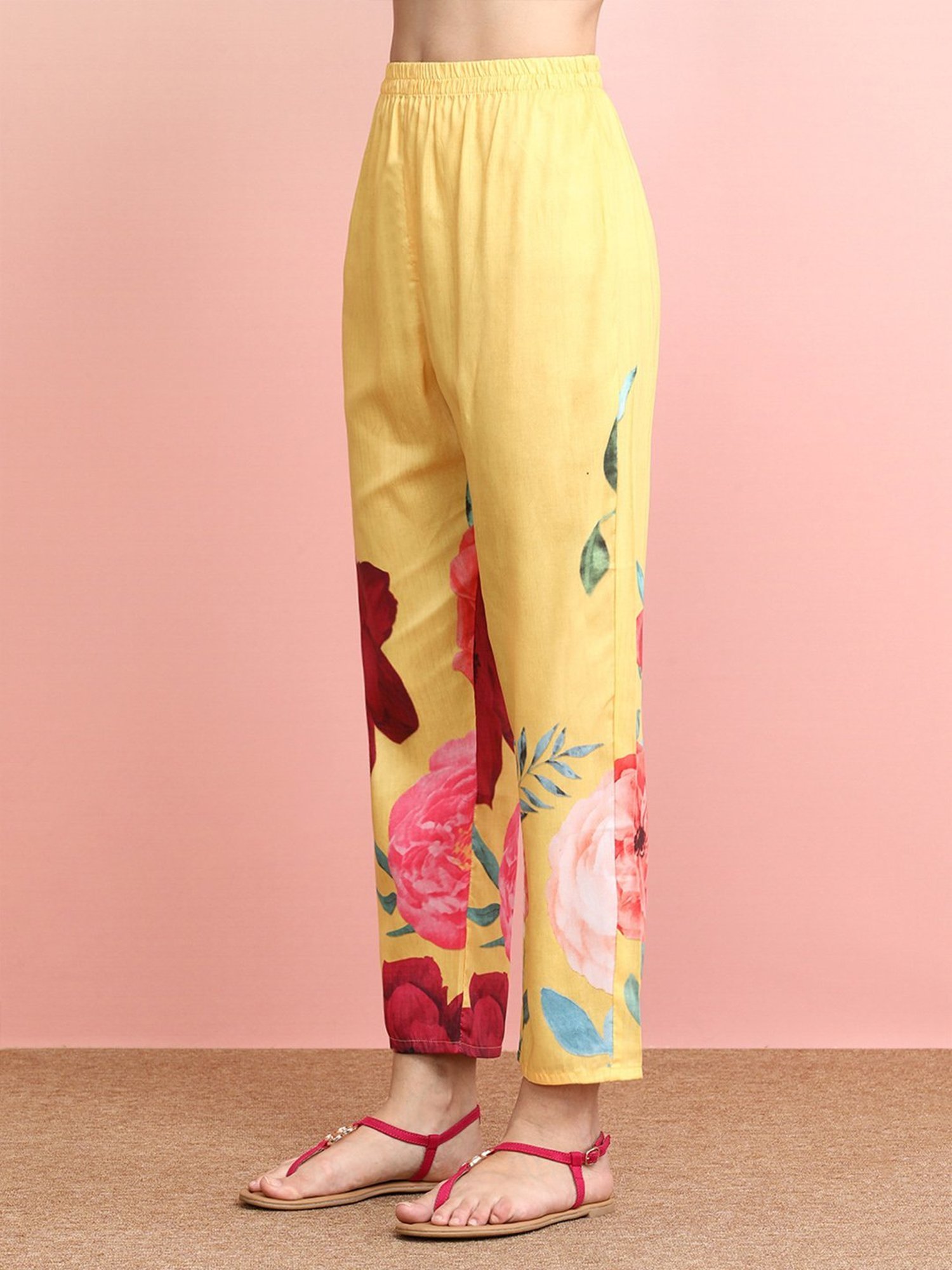 Indo Era Yellow Floral Print Tunic Pant Set