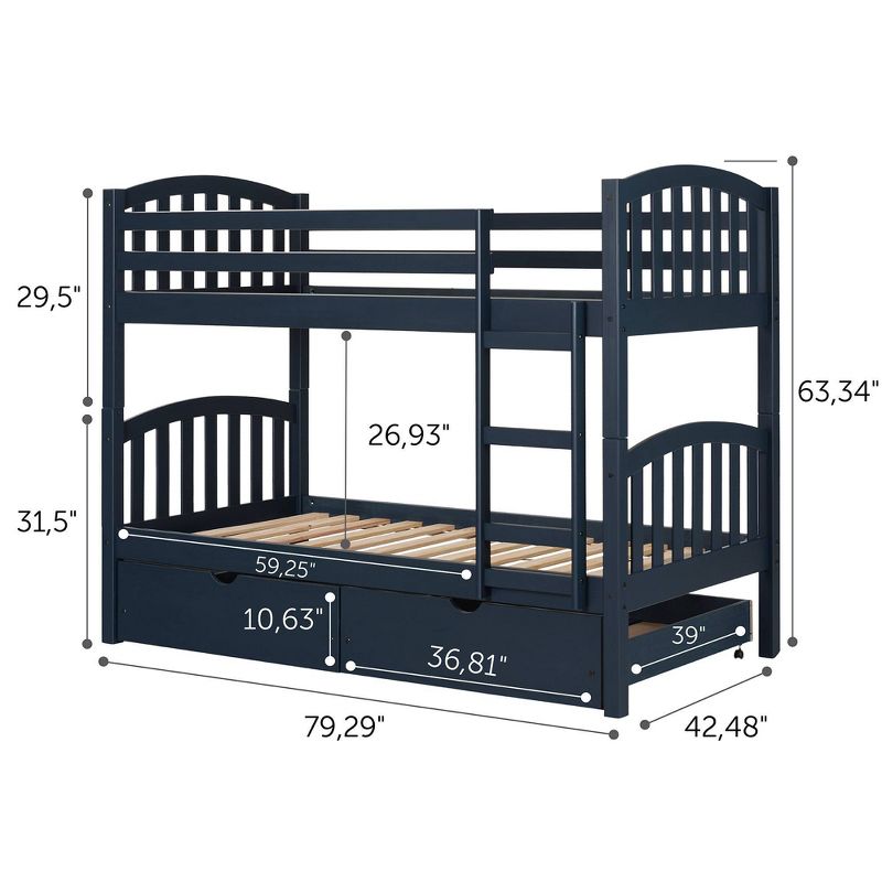 Twin Asten Bunk Beds and Rolling Drawers Set  Navy Blue  - South Shore