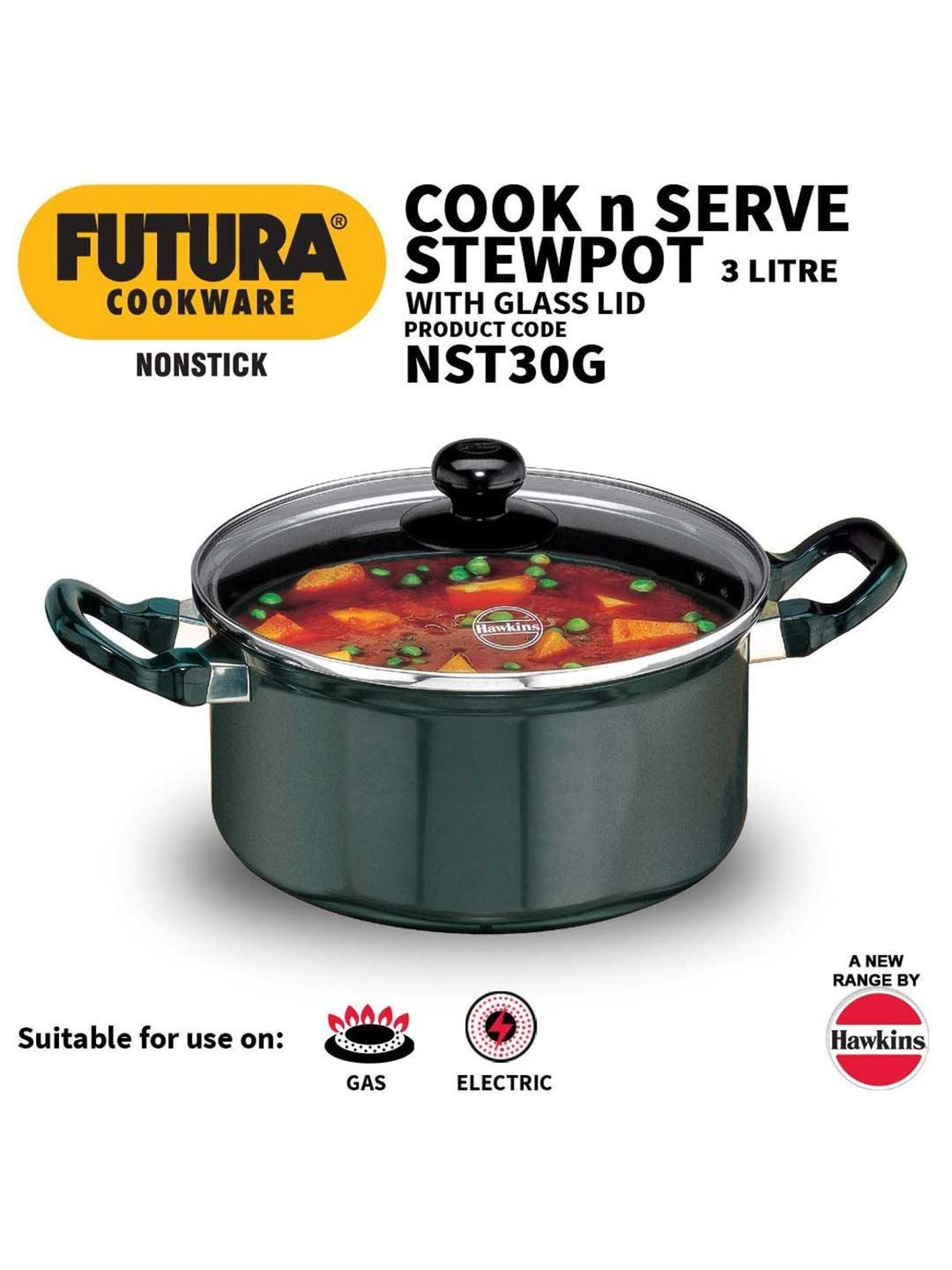Hawkins Futura Black Nonstick Aluminium 20 cm Cook & Serve Stewpot with Glass Lid, 3 L
