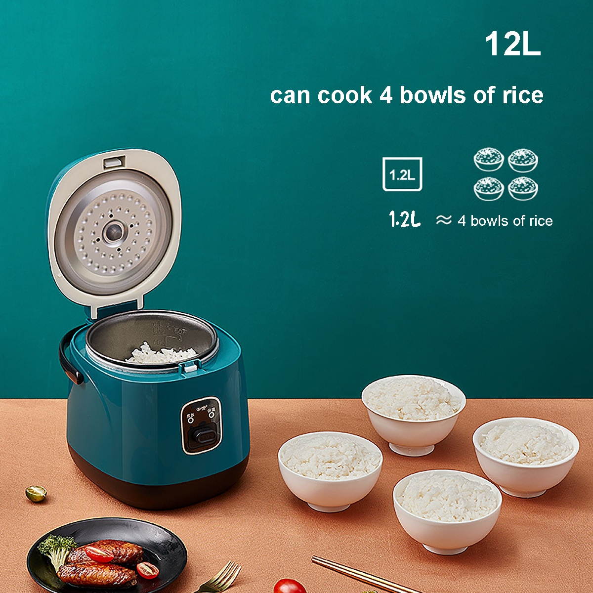 1.2L Rice Cooker Electric Lunch Box Travel Rice Cooker Small Removable Non-stick Pot Keep Warm Function Suitable For 1-2 People For Cooking Soup Rice Stews Grains Oatmeal-Green