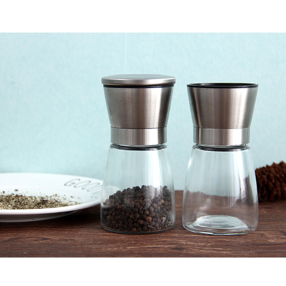 3pcs Stainless Steel Pepper Salt Grinder Manual Pepper Mill Glass Bottle Pepper Mill Cruet (Silver)