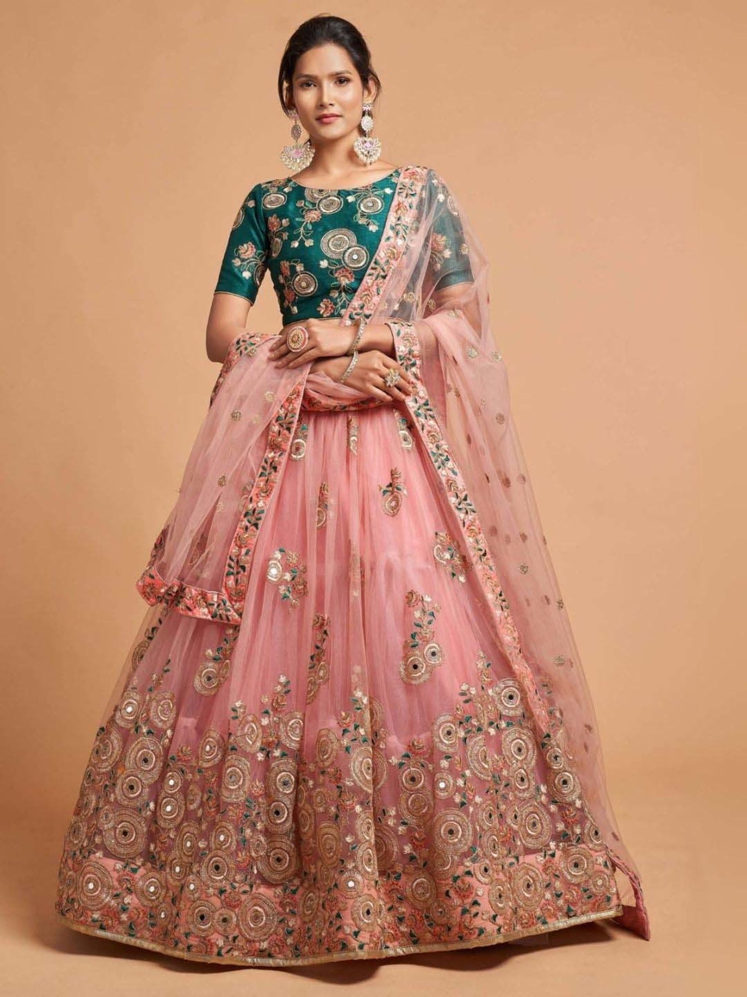 Odette Pink & Green Embroidered Lehenga Choli Set With Dupatta