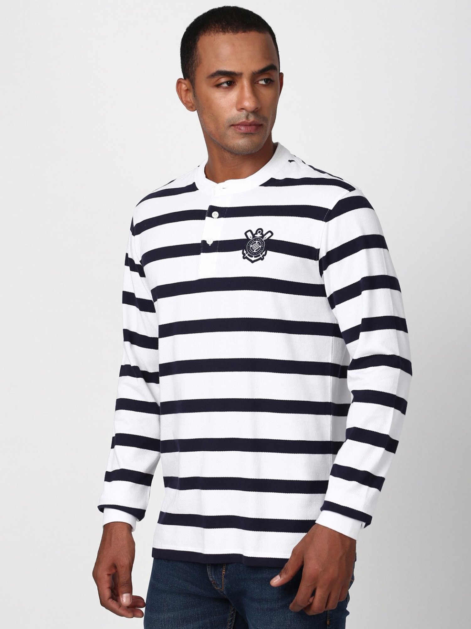 Peter England White Cotton Regular Fit Striped T-Shirt