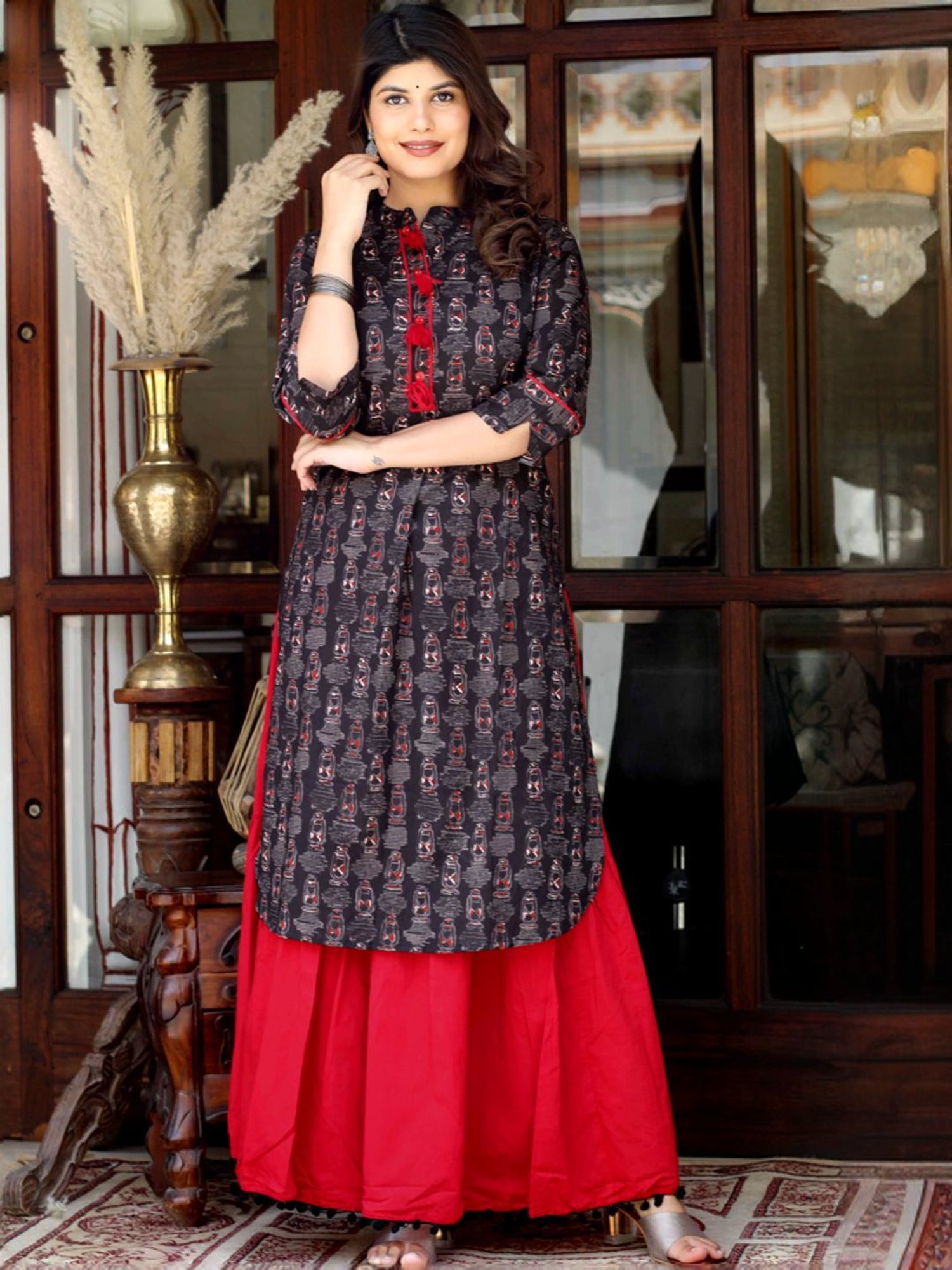Miravan Black & Red Cotton Printed Kurta Skirt Set