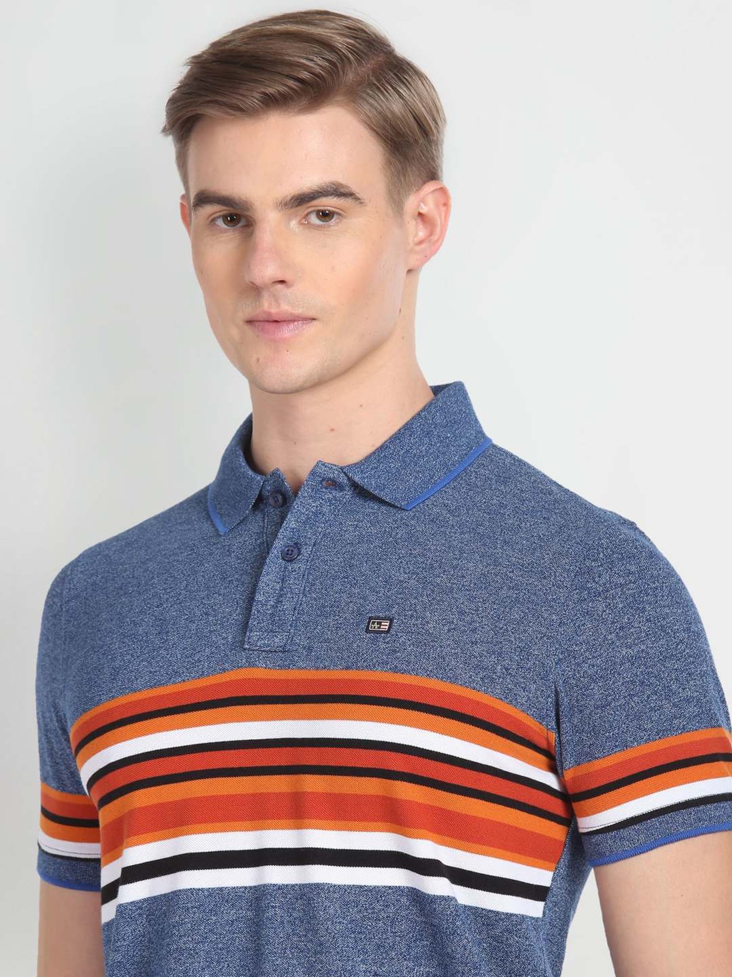 Arrow Sport Blue Cotton Regular Fit Striped Polo T-Shirt