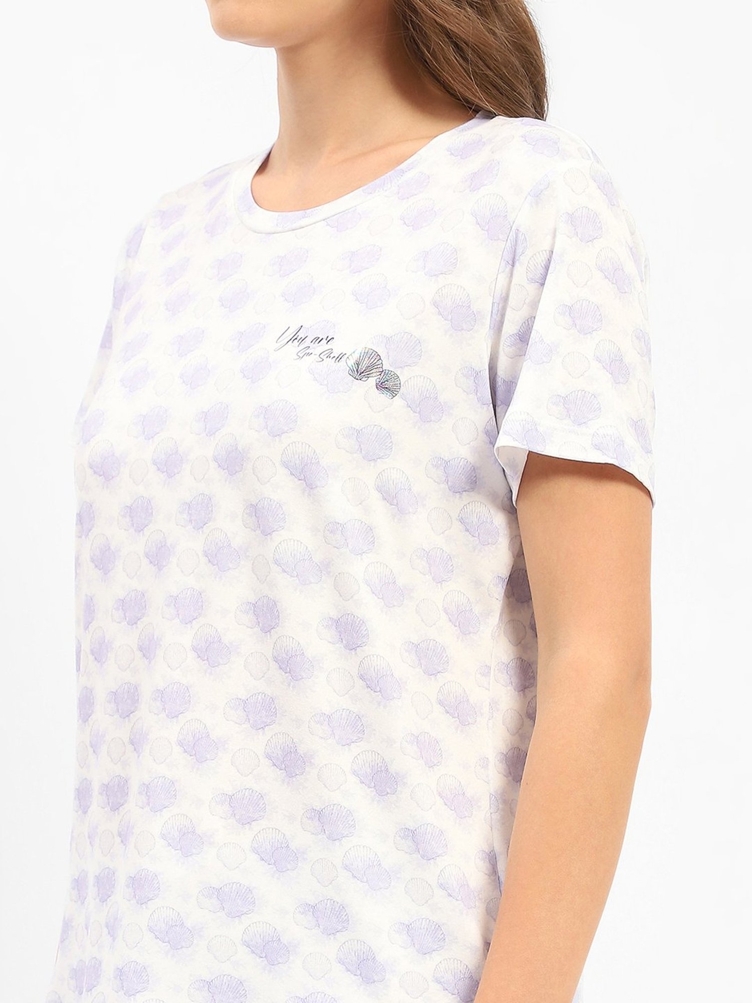 MADAME M Secret Purple & White Printed T-Shirt With Pyjamas