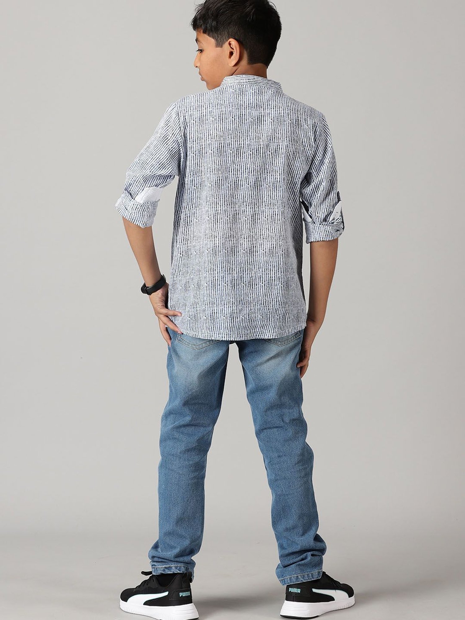 Kiddopanti Kids White & Blue Striped Full Sleeves Shirt