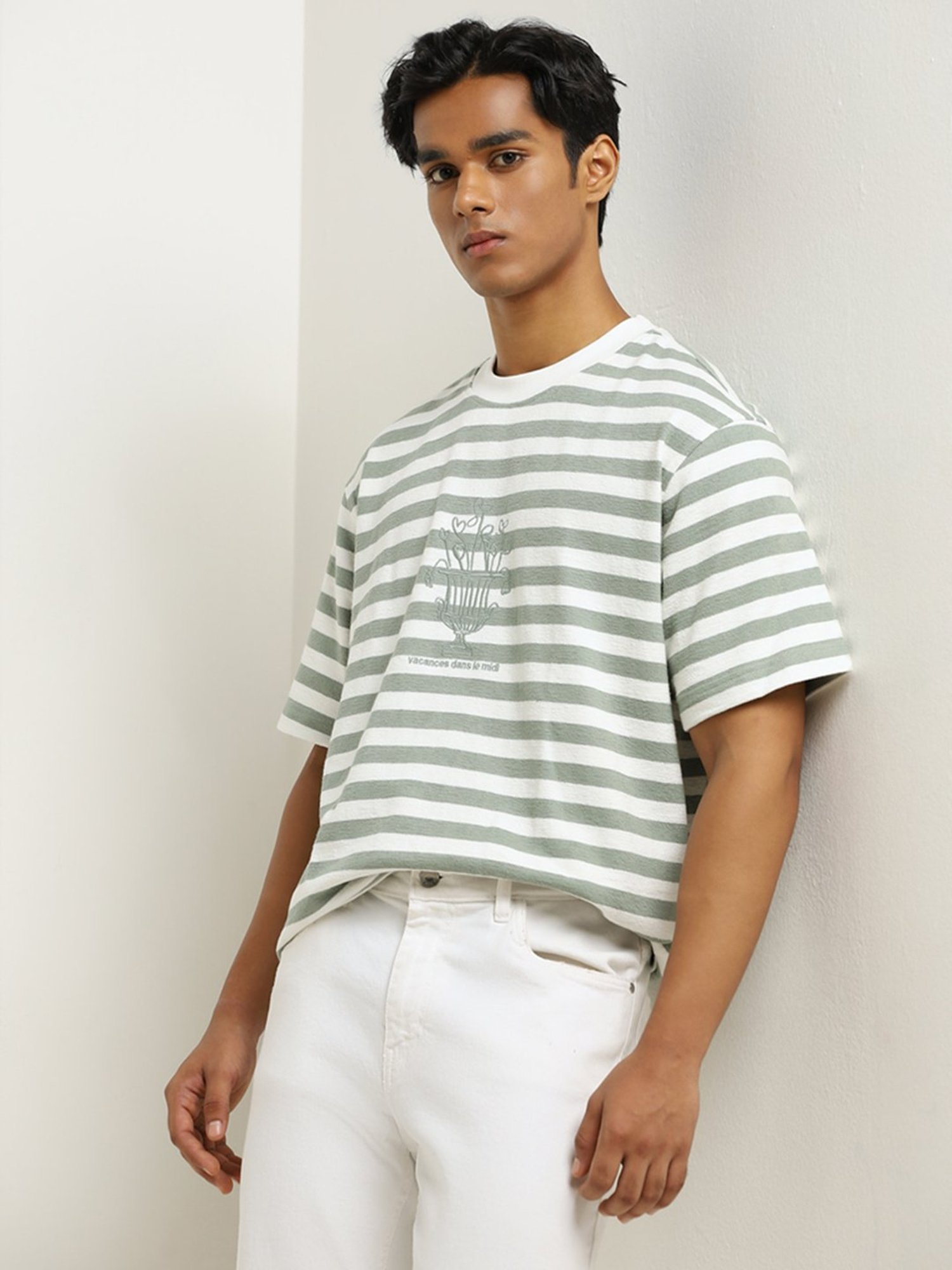 Nuon by Westside Sage Stripe Printed Relaxed-Fit Cotton T-Shirt