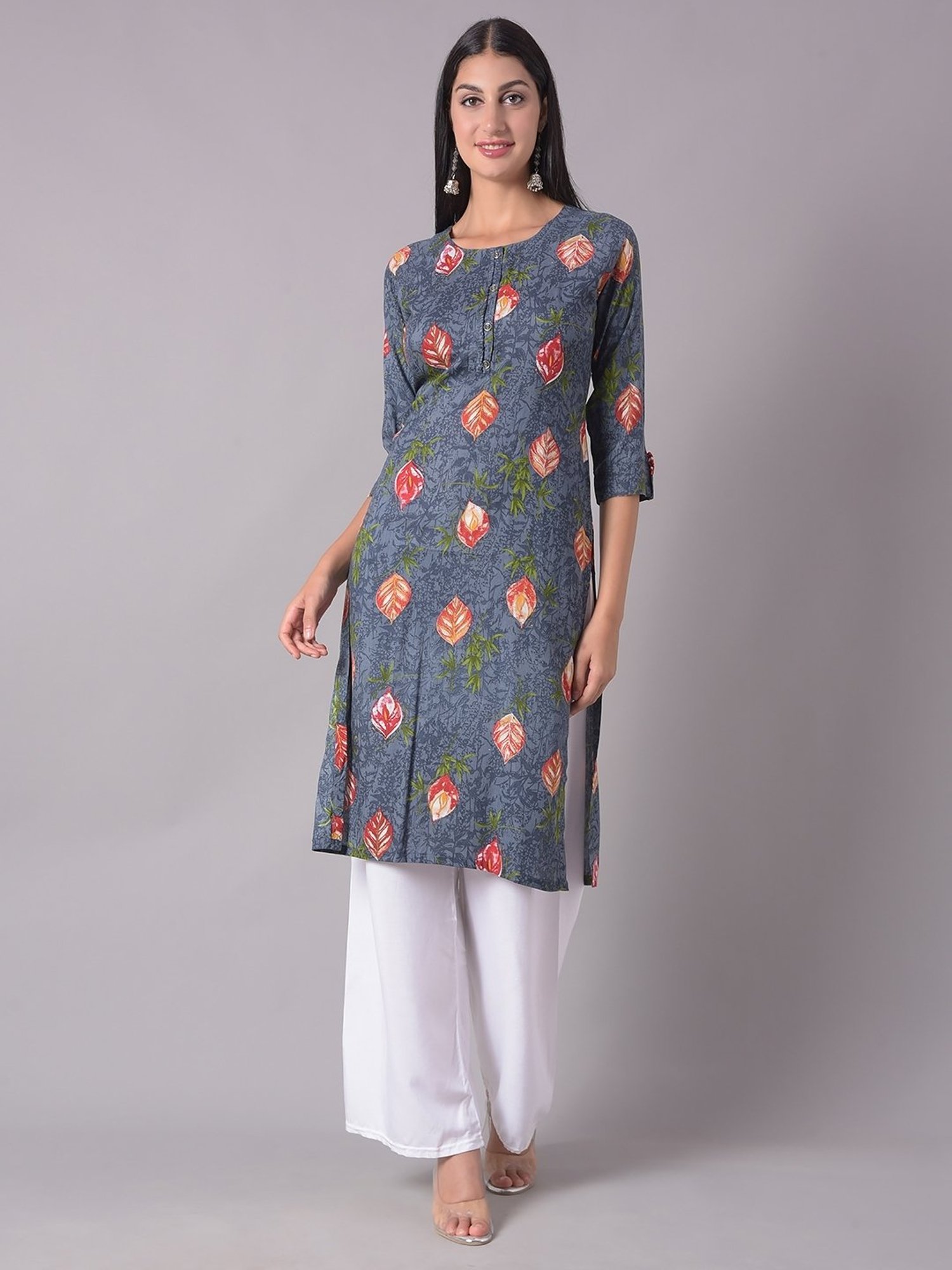 Dollar Missy Grey Floral Print Straight Kurta