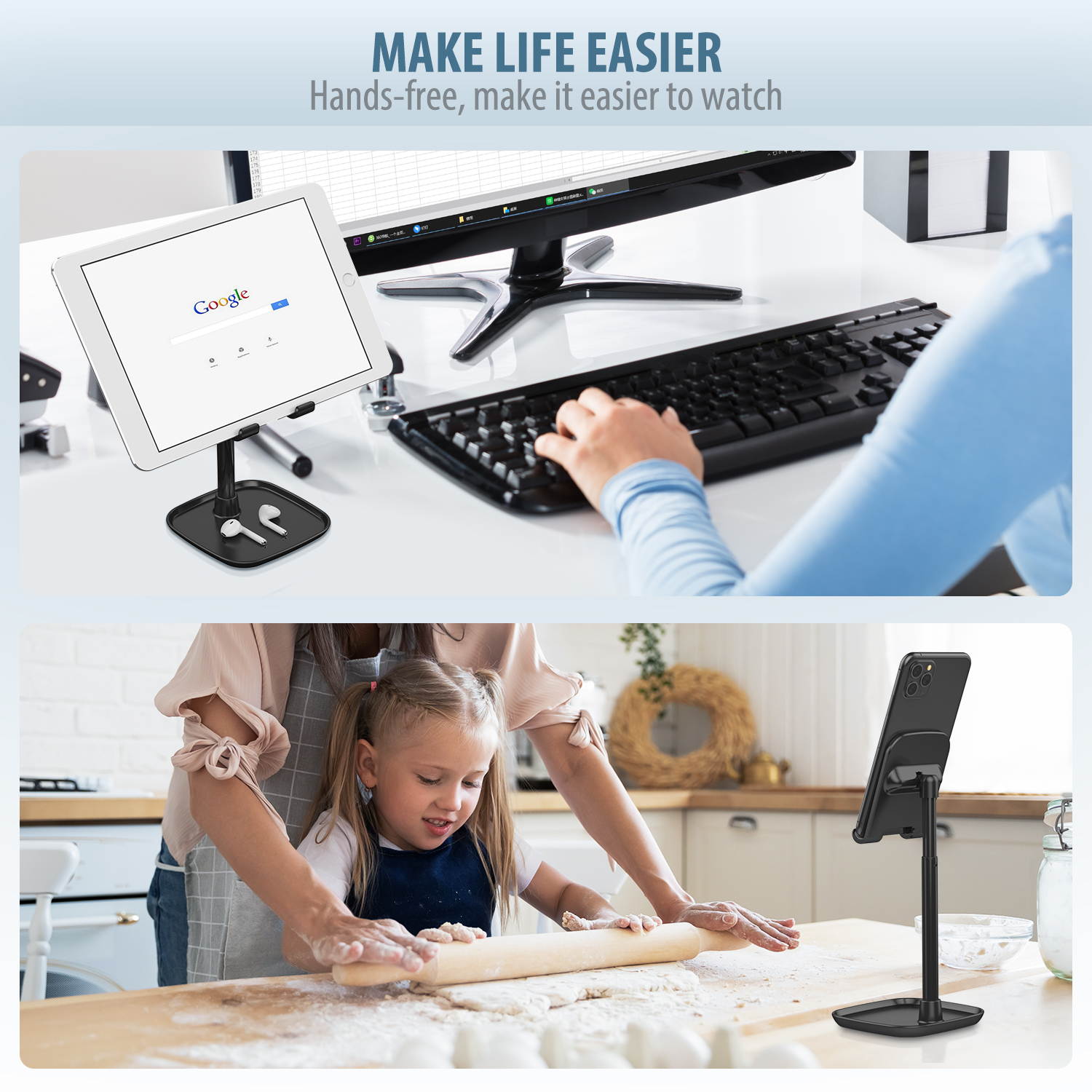 Tekpluze Cell Phone Stand for Desk,Smartphone Stand with Adjustable Angle and Height,Mobile Phone Stand with Nonslip Base, Compatible with All Smartphone,iPhone,iPad and Switch (4-10") - Black