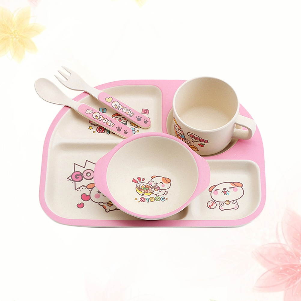 1 Set/5PCS Creative Bamboo Fiber Bowl Exquisite Dinner Tray Drop-Proof Dish Baby Separate Plate Cutlery Set for Babies Children (Pink)
