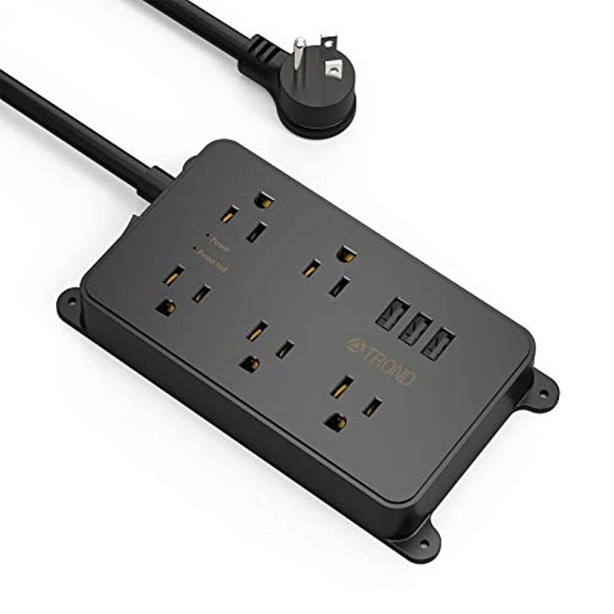 Power Strip with USB, TROND Surge Protector Flat Plug with 5 Widely-Spaced Outlets, ETL Listed, 1300 Joules, Wall Mountable 5ft Extension Cord, for Kitchen Garage Laundry Room Behind TV, Black