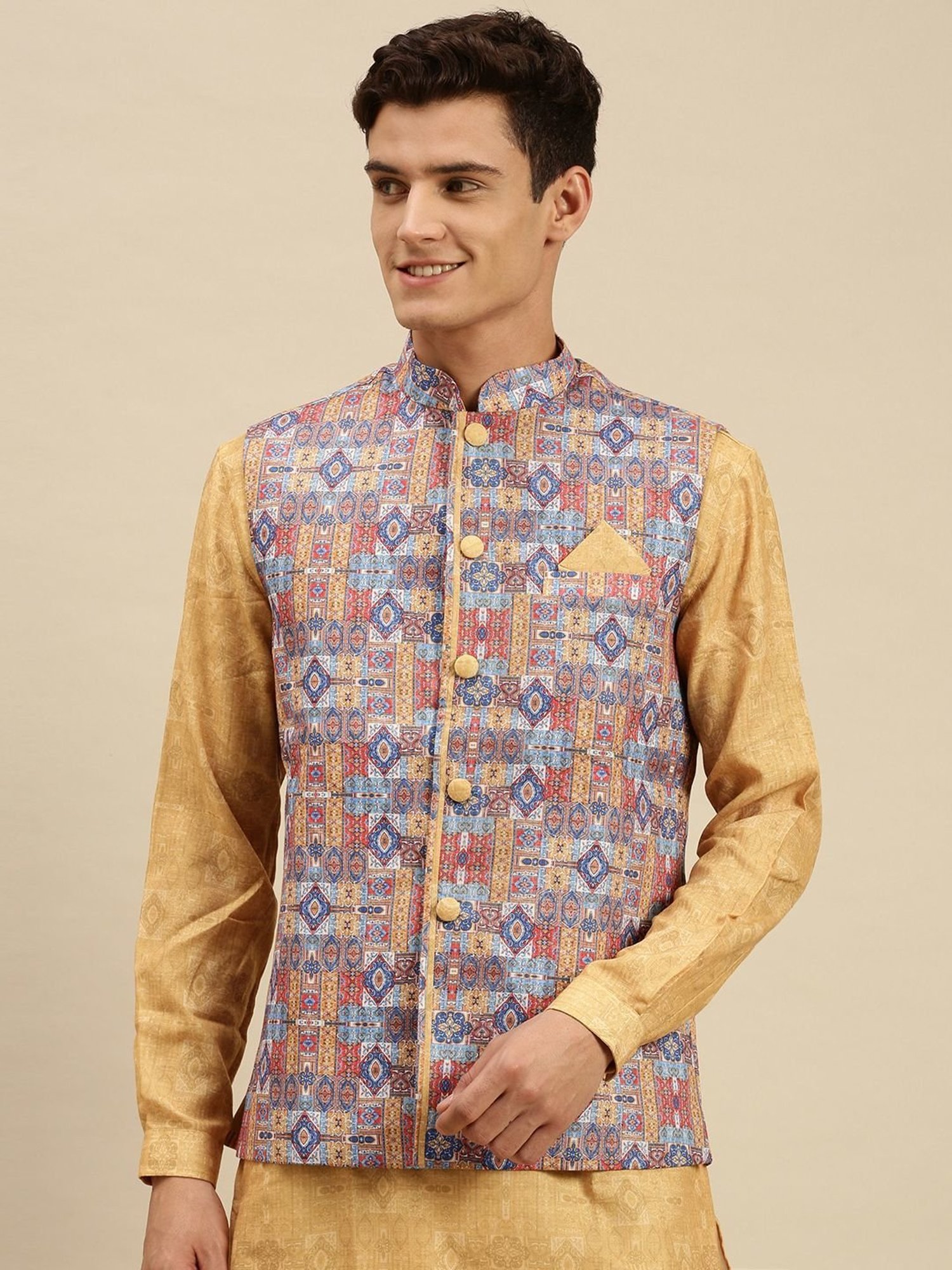Sanwara Beige Regular Fit Printed Kurta Set With Jacket