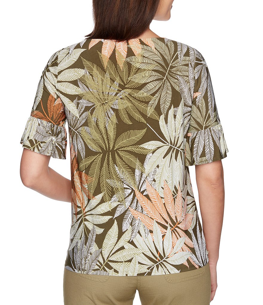 Ruby Rd. Leaf Puff Print Jewel Neck Short Flounce Sleeve Front Side Tie Top