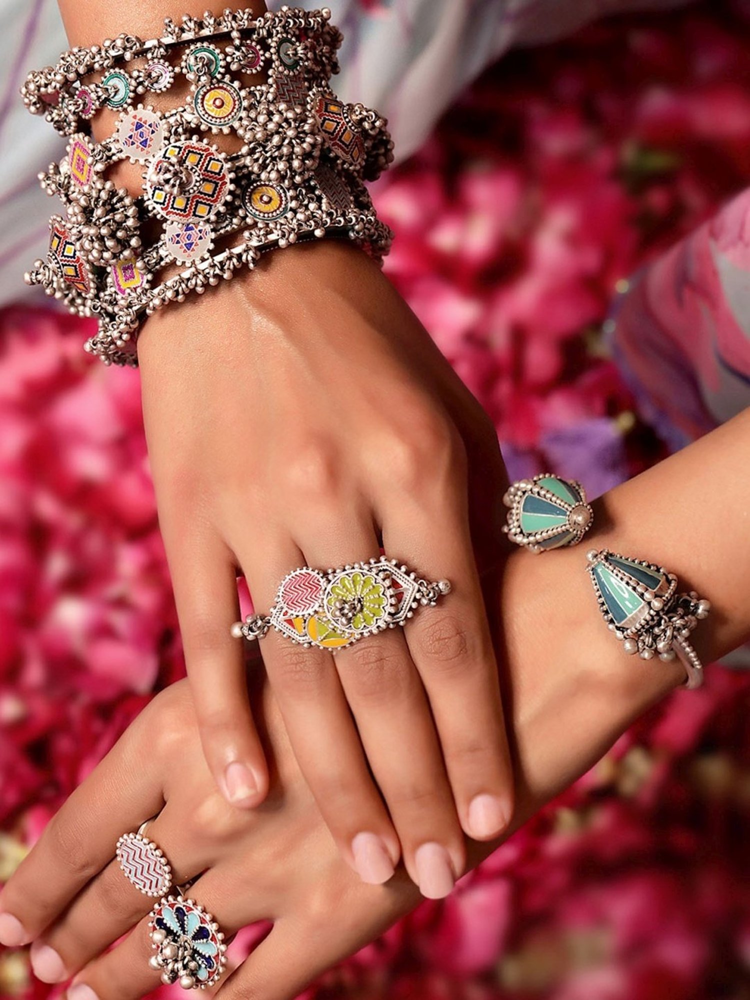 Tribe Amrapali 92.5 Sterling Silver Rangoli Ghungroo Classic Bangle for Women