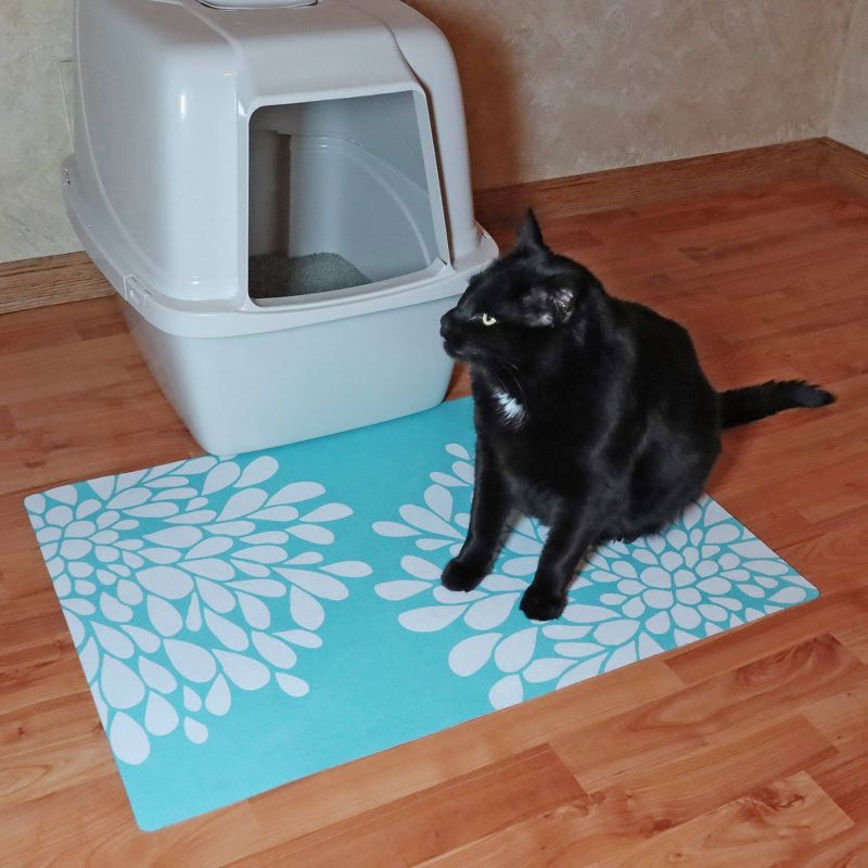 Drymate Cat Litter Trapping Mat - Floral Turquoise & White
