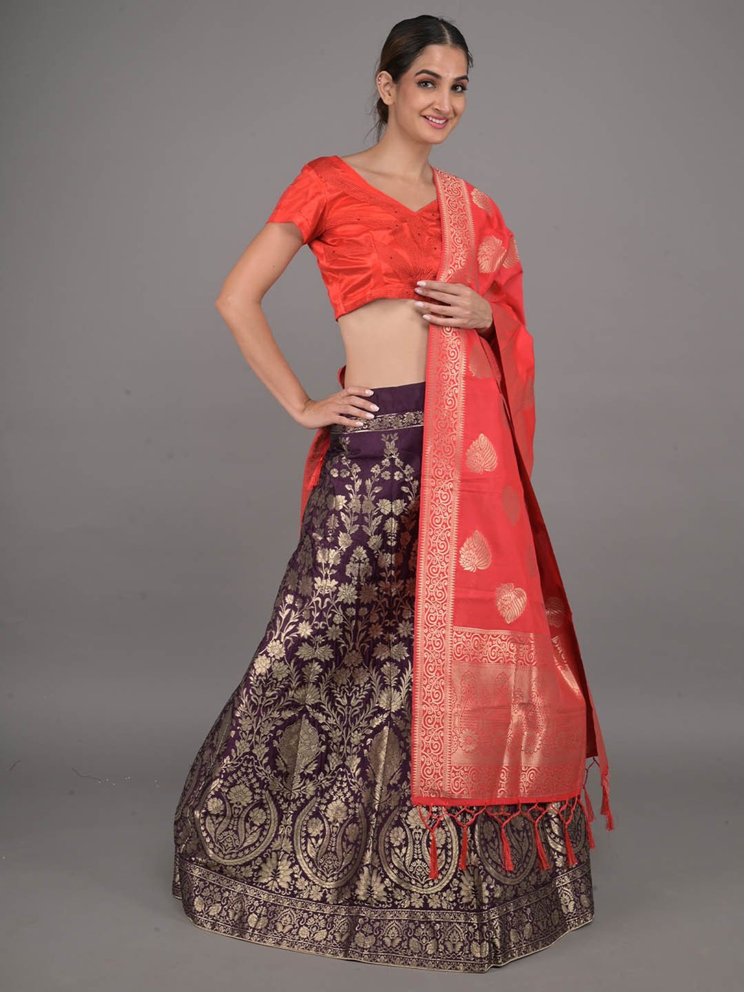 Odette Purple & Red Woven Pattern Lehenga Choli Set With Dupatta