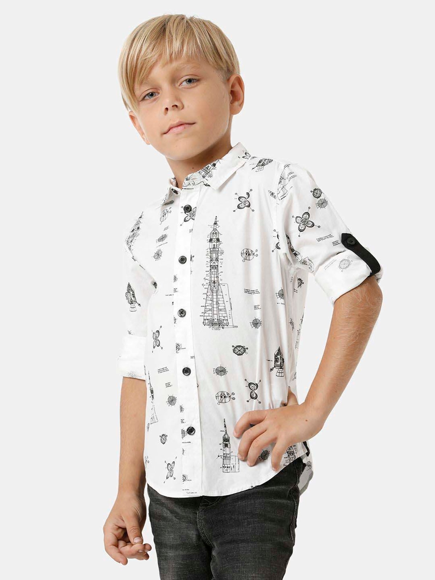 Kate & Oscar Kids White & Black Cotton Printed Full Sleeves Shirt
