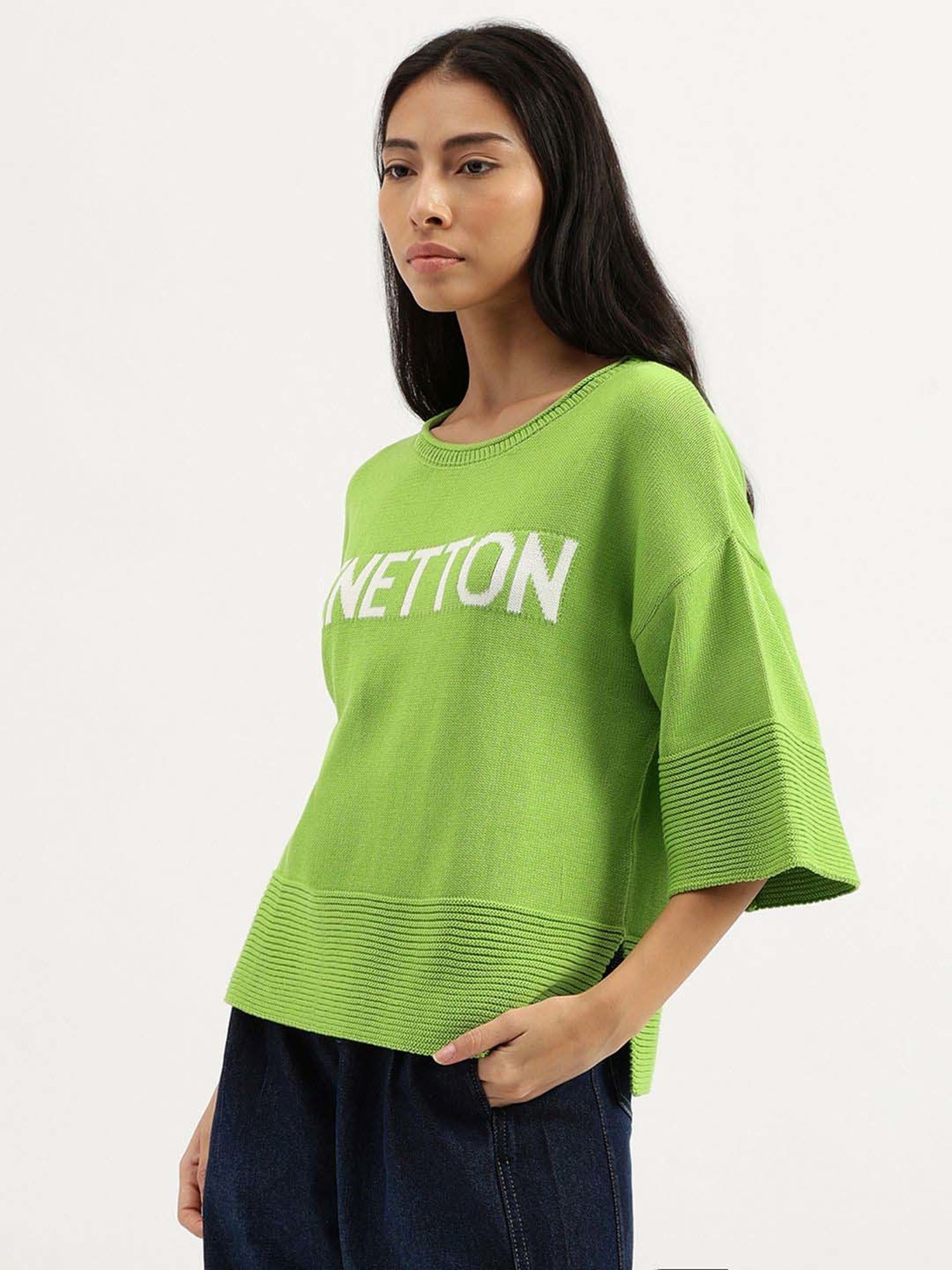 United Colors of Benetton Green Cotton Logo Work Top