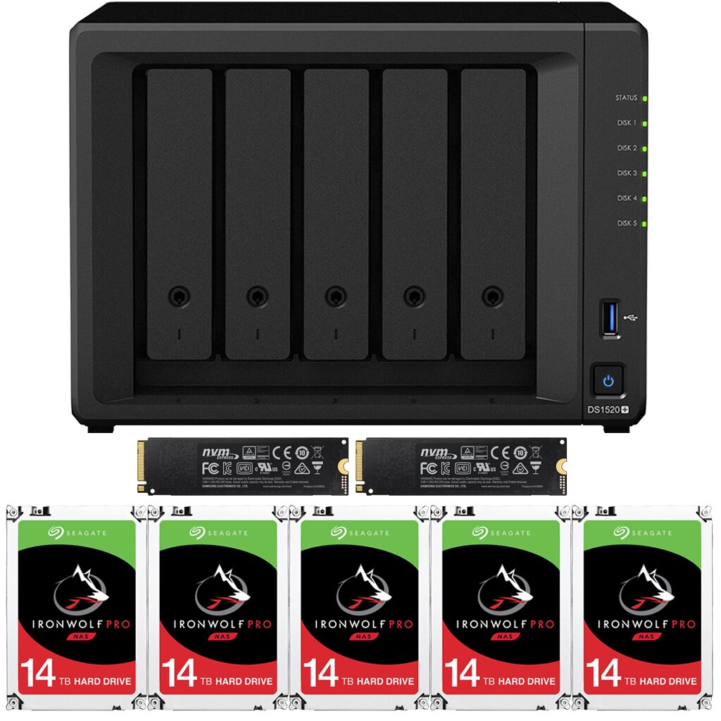 Synology DS1520+ DiskStation with 8GB RAM and 60TB (5 x 12TB) of Seagate Ironwolf PRO NAS Drives and 2TB (2x1TB) NVMe Cache Fully Assembled and Tested By CustomTechSales