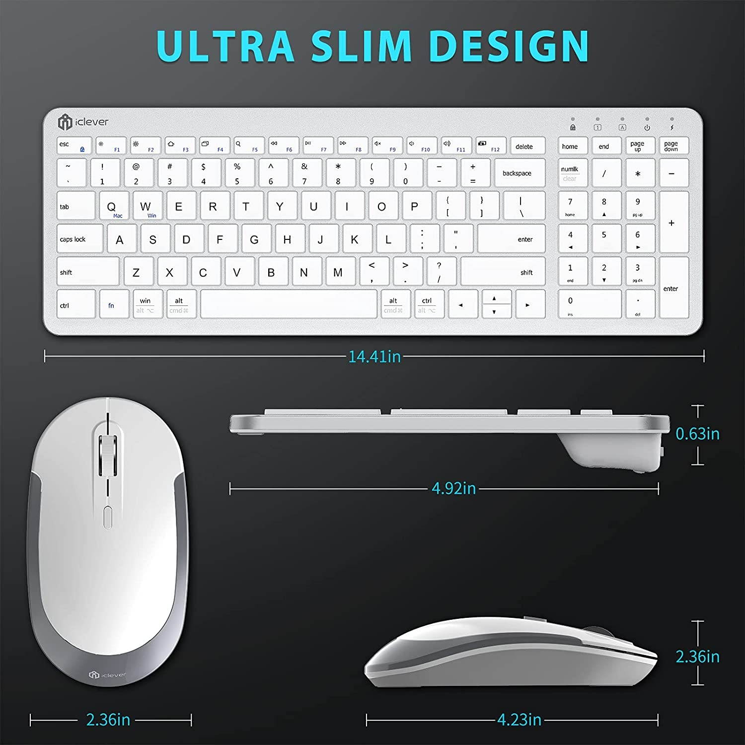 Wireless Keyboard and Mouse, iClever GCA26S Rechargeable Wireless Keyboard Ergonomic Full Size Design with Number Pad, 2.4G Slim White Keyboard and Mouse for Mac, Windows, Computer, Desktop, Notebook