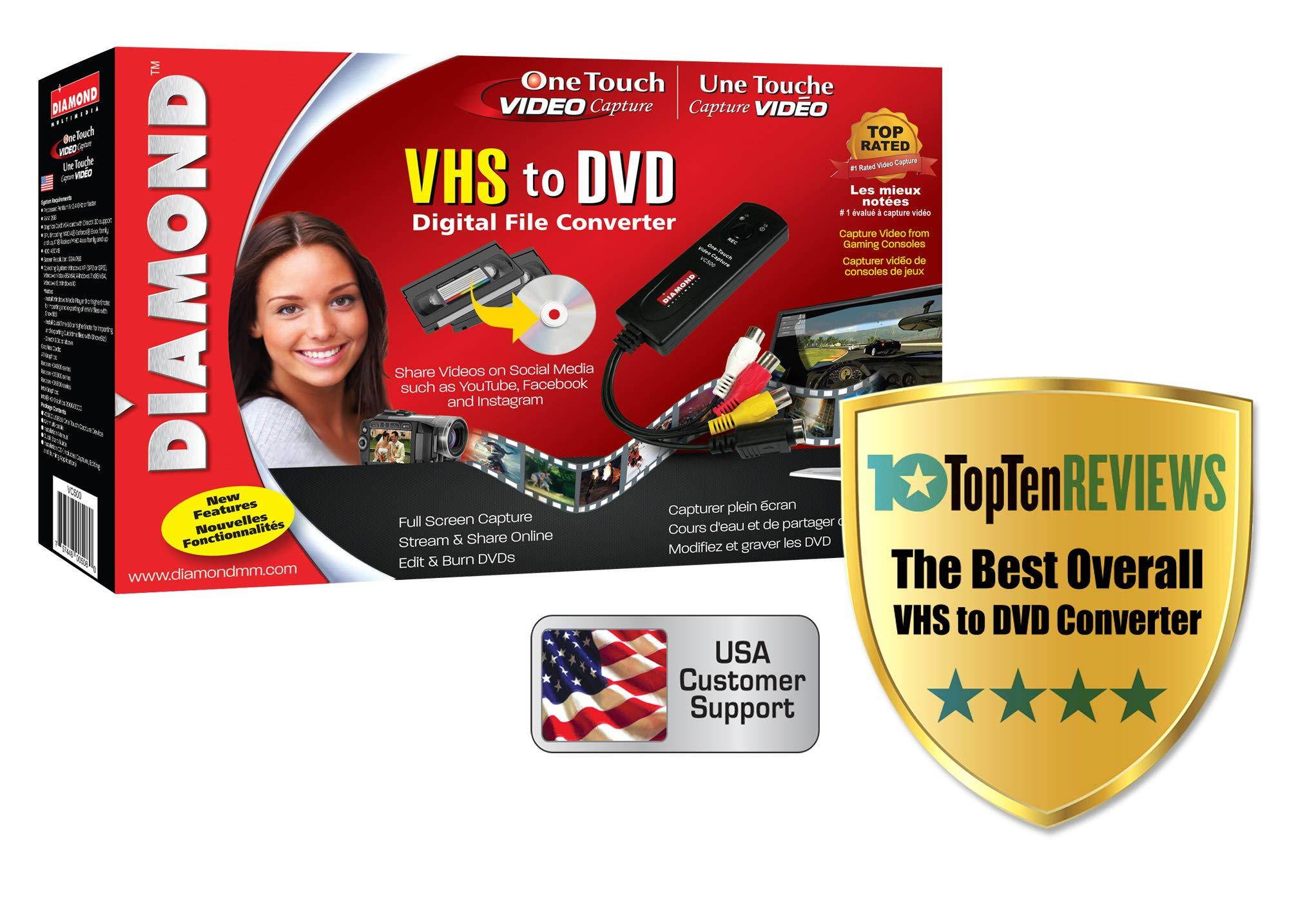Diamond VC500 USB 2.0 One Touch VHS to DVD Video Capture Device with Easy to use Software, Convert, Edit and Save to Digital Files For Win7, Win8 and Win10