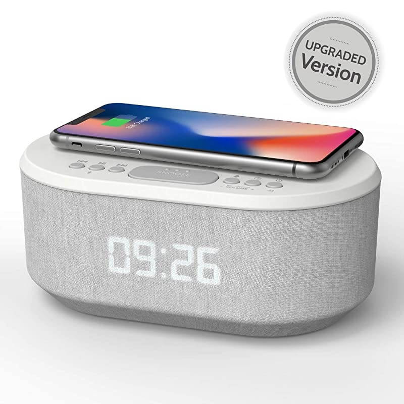 Radio Alarm Clock with USB Charger, Bluetooth Speaker, QI Wireless Charging, Dual Alarm Dimmable LED Display (White)