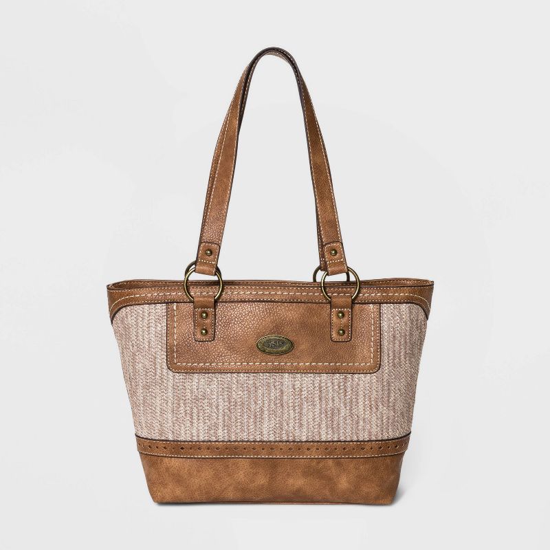 Bolo Snap Closure Zip Zag Straw Tote Handbag - Brown