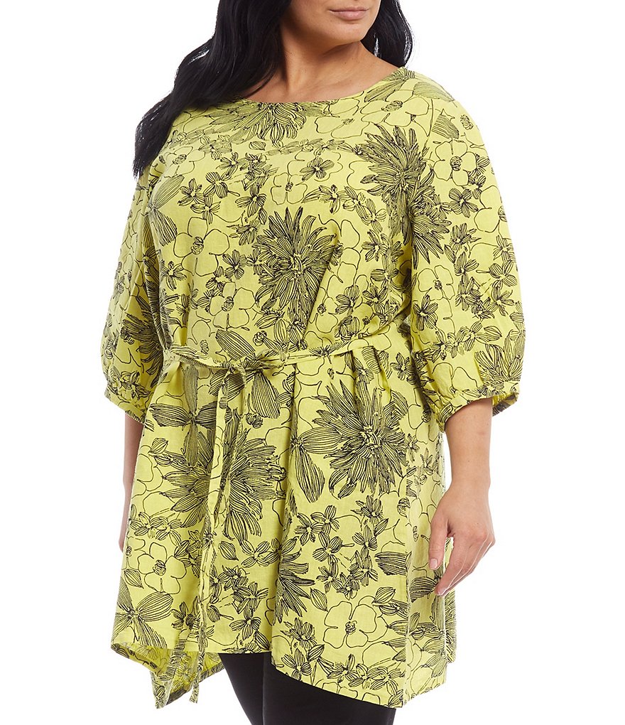 Bryn Walker Plus Size Carina Jewel Neck 3/4 Puff Sleeve Floral Print Linen Tunic