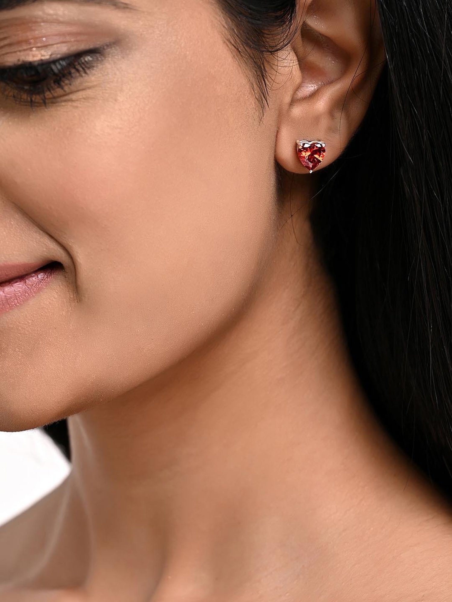 March by FableStreet Sterling Silver Red Heart Zircon Stud Earrings for Women